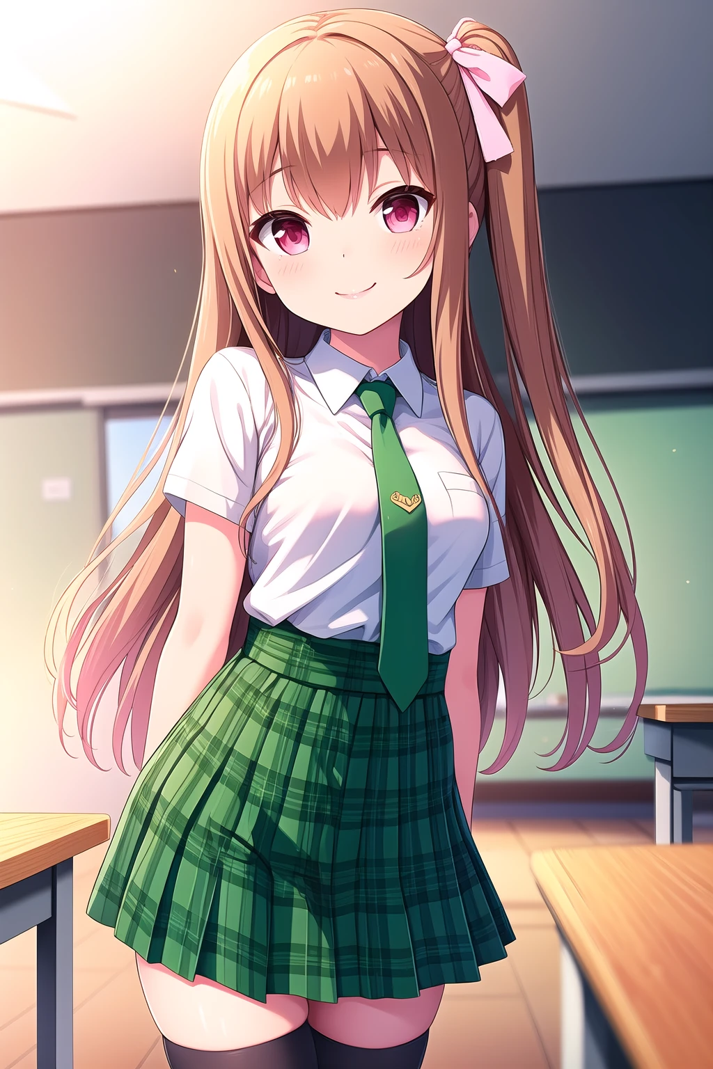 (masterpiece, best quality), highly detailed background, perfect lightingbest quality, asahinamomoko, solo, indoors, classroom, light brown hair, hair ribbon, white ribbon, one side up, hair between eyes, very long hair, pink eyes, small breasts, green necktie, white shirt, short sleeves, green skirt, plaid skirt, black thighhighs, school uniform, smile, closed mouth, :), pink lips, <lora:Asahina-Momoko:0.7>