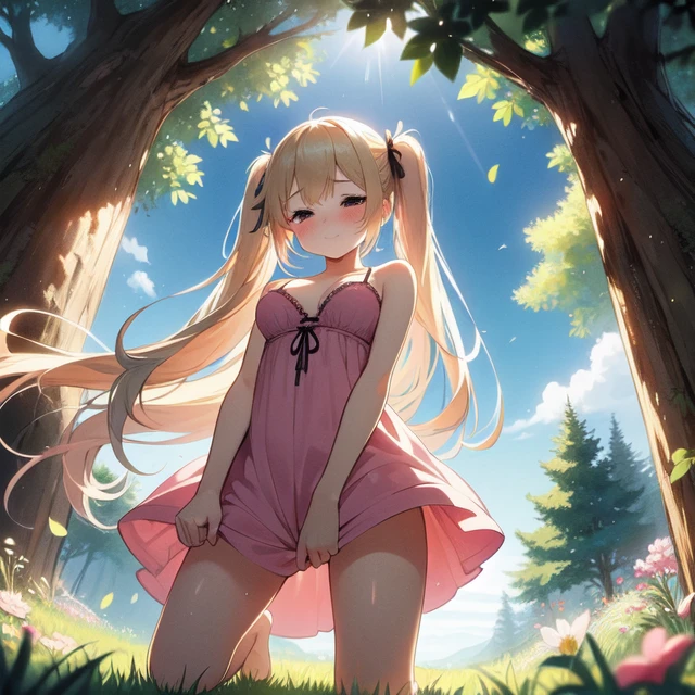 (((masterpiece))), (((best quality))), (((from below))), (((tree frame))), (((round frame))), (( silhouette)), closed eyes, smile, see through, ligth pink sundress, spaghetti strap, bare shoulders, floating hair, wind, grass, clouds, flowers, sunbeam, blue sky, fallen leaves, bokeh, backlighting, twilight, light rays, tyndall effect, solo, ((1girl at indoor)), kneeling, blonde twintails, long hair, ribbon, cleavage, medium breasts, sweat, shy, blush, slim figure, <lora:girlliketreeframe:0.9>