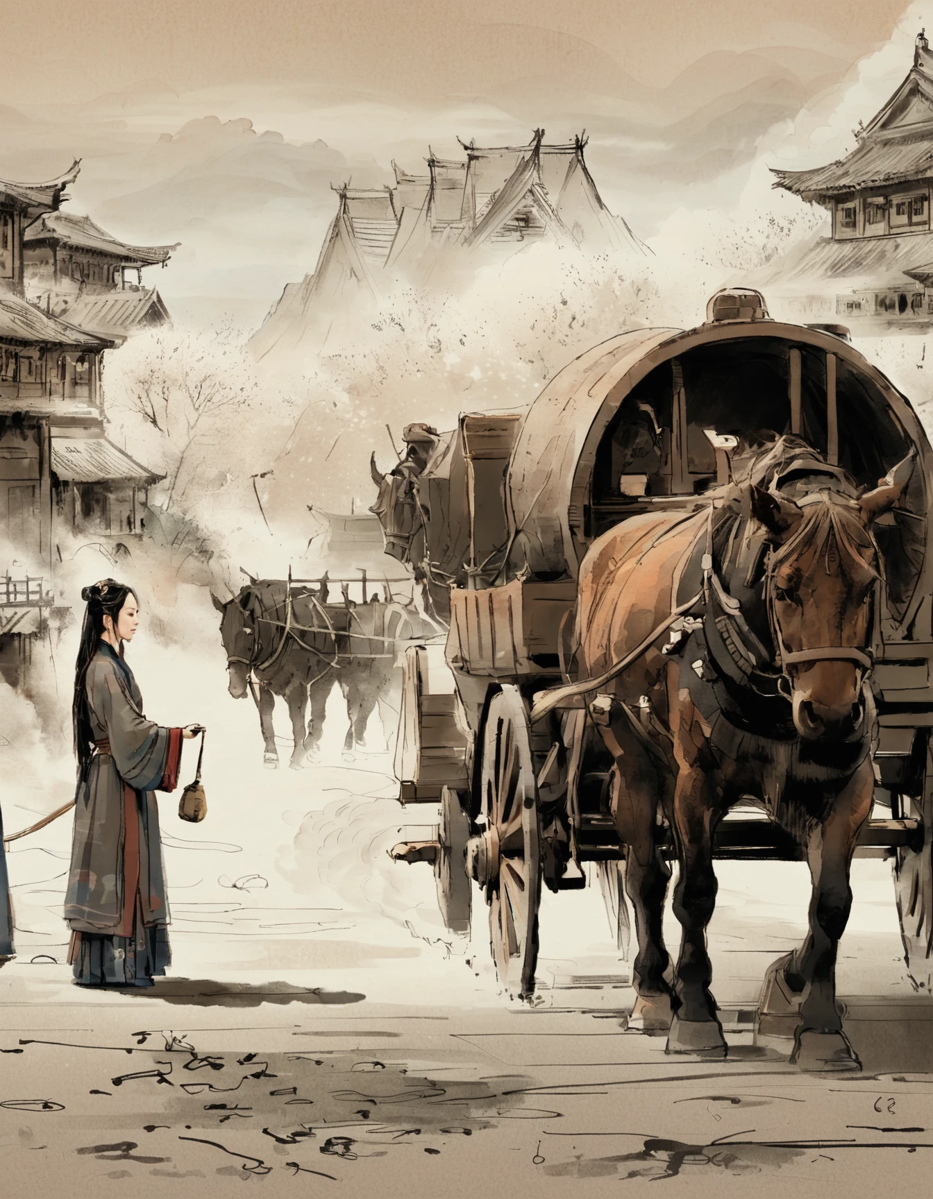 concept art ink wash painting of innovative Wooden Ox and Flowing Horse a chinese woman in hanfu . ancient logistics, wooden vehicles, and Three Kingdoms era . monochromatic, loose, fluid, expressive, delicate,colorful . digital artwork, illustrative, painterly, matte painting, highly detailed