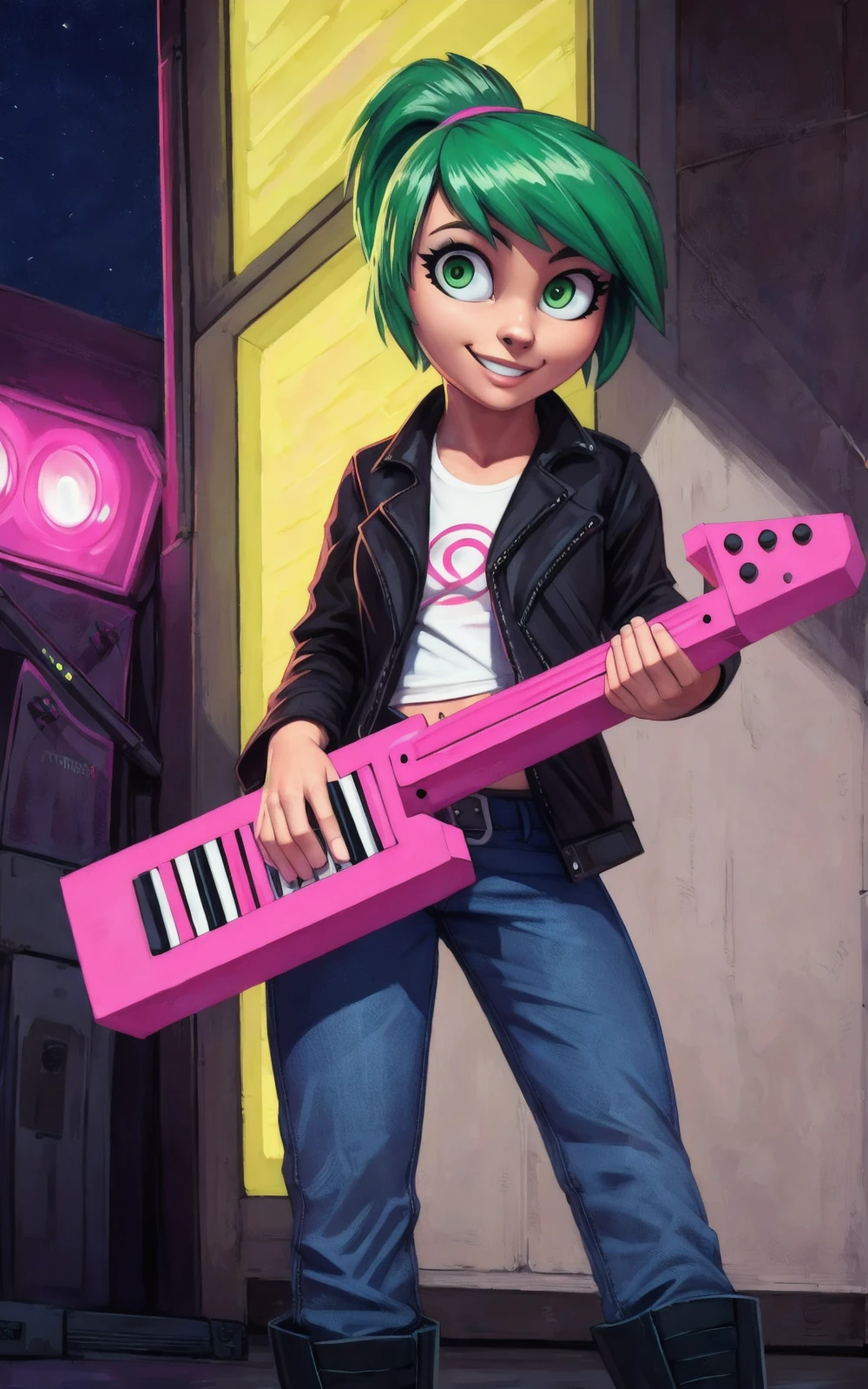 8k,4k,((Best quality, masterpiece, ultra high resolution)),((full body)), by pixelsketcher,  <lora:JulieHinikawa:0.65>,JulieHinikawa,(human), green hair, short hair, ponytail, jacket, black jacket, shirt ,white shirt, boots, pants,navel,denim, green eyes,smile,clothes writing,breast,holding keytar,concert, neon lights,smile,solo
