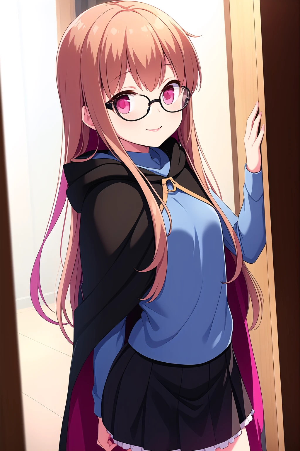 (masterpiece, best quality), highly detailed background, perfect lightingbest quality, asahinamomoko, solo, indoors, light brown hair, hair between eyes, very long hair, black-framed eyewear, glasses, pink eyes, small breasts, black cape, hooded cape, blue shirt, black skirt, miniskirt, frilled skirt, smile, closed mouth, :), pink lips, <lora:Asahina-Momoko:0.7>