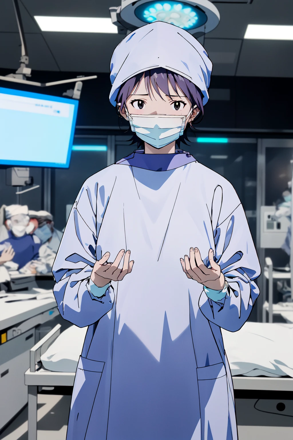 (RAW photo, best quality), 1girl, long sleeve surgical outfit, surgical mask,  surgical gloves, surgical cap,  operating room, overhead surgical light, (solo), blurred background, focused
 <lora:concept_clothing_surgical_outfits_hand_over_chest_v3_1:1>, hand_over_chest,
 <lora:eva_yui_ikari_v2_2:0.9> yui ikari