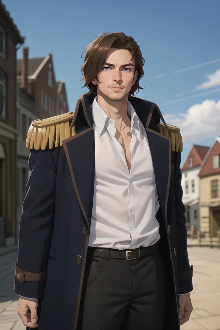 solo male, Graf Granat \(Frieren: Beyond Journey's End\), brown hair, hair parted to one side, facial hair, stubble, blue eyes, sanpaku, white collared shirt, exposed shirt, black pants, matching boots. dark blue coat, open coat, (coat over shoulders), gold epaulettes, mature, handsome, charming, alluring, standing, upper body, perfect anatomy, perfect proportions, best quality, masterpiece, high_resolution, dutch angle, cowboy shot, photo background, palace
,Masterpiece<lora:EMS-359704-EMS:0.800000>