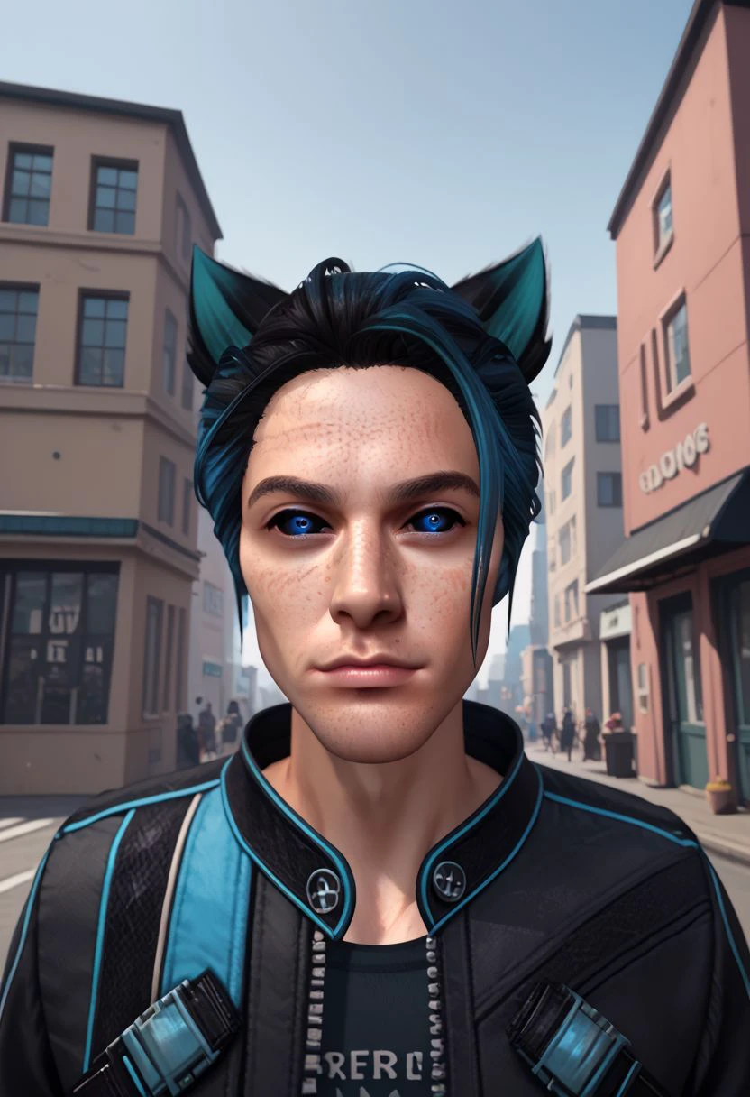 Maverick Ellis Rowe, 1boy, male focus, solo, looking at viewer, blue eyes, black hair,  jacket, upper body, portrait, animal ears, cat ears, colored sclera, black sclera, two tone hair, blue hair, freckles, building, city, PonyXLV6_Scores zPDXL