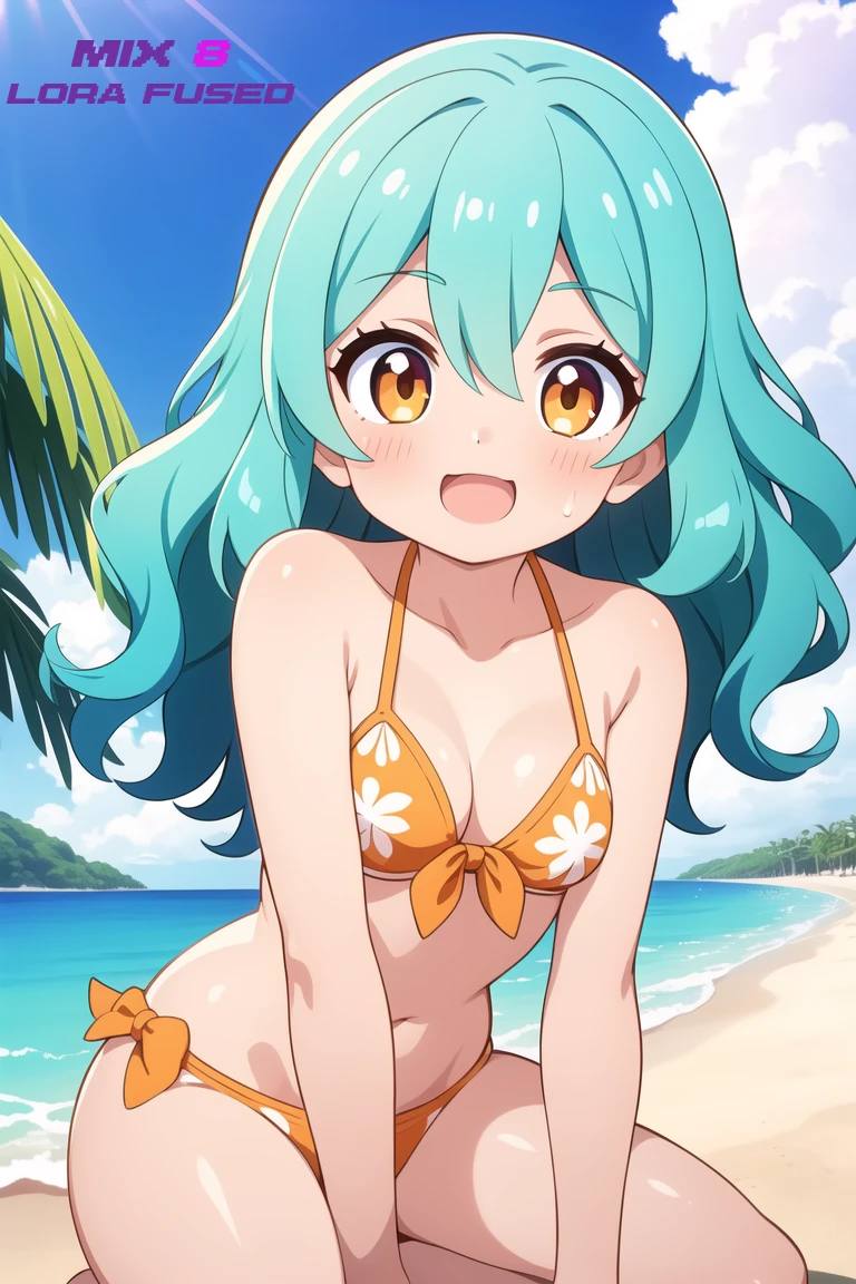 Tools used : a1111, depth midas (0.5), krita, (PwP for text) || Keywords : girl, young, cute, (oily skin), (shiny body), (slender, lean, thin legs), swimsuit, bikini, blue wavy hair, paradise beach,