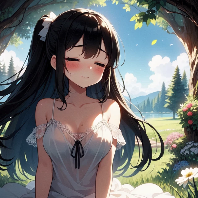 (((masterpiece))), (((best quality))), (((tree frame))), (((round frame))), (((silhouette))), ((bush)), ((cave)), closed eyes, smile, see through, sundress, spaghetti strap, bare shoulders, floating hair, wind, grass, clouds, flowers, blue sky, fallen leaves, backlighting, tyndall effect, indoors, solo, 1girl, lying on stomach, black hair, absurdly long hair, ribbon, cleavage, medium breasts, sweat, shy, blush, slim figure, <lora:girlliketreeframe:0.9>