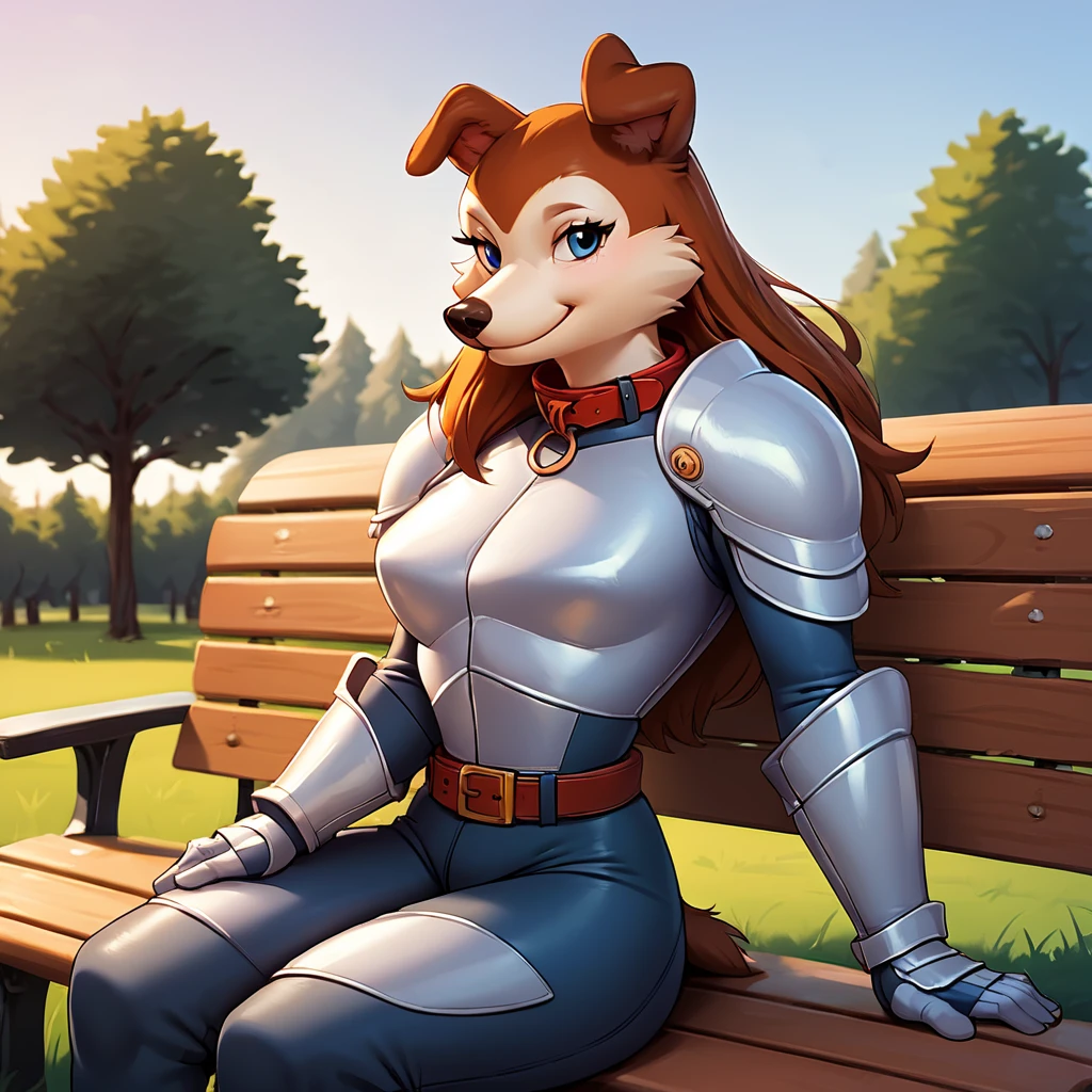 score_9, score_8_up, score_7_up, score_6_up, score_5_up, score_4_up, (Source furry), (rating safe), <lora:ColleenXL:0.8>, 1girl, solo, outside, sitting on bench, bench, grass, trees, clouds, park, bench, Colleen, furry female, dog girl, smile, armor, bodysuit, belt, collar, blue eyes, long hair, two-tone hair, snout, looking at viewers, detailed, <lora:Beautiful_CAT_Pony:1>