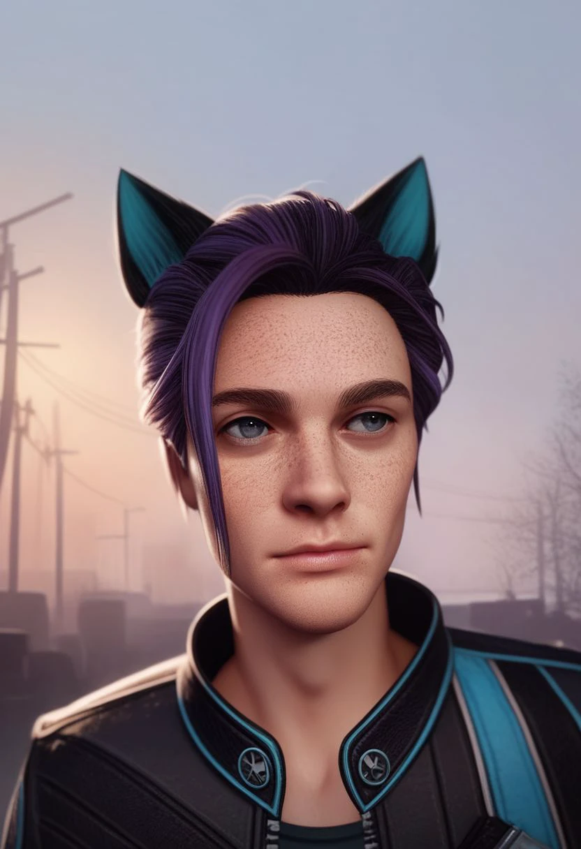 Maverick Ellis Rowe, solo, short hair, grey eyes, purple hair, 1boy, animal ears, jacket, upper body, male focus, cat ears, black jacket, freckles, outdoors, lakeside, PonyXLV6_Scores zPDXL