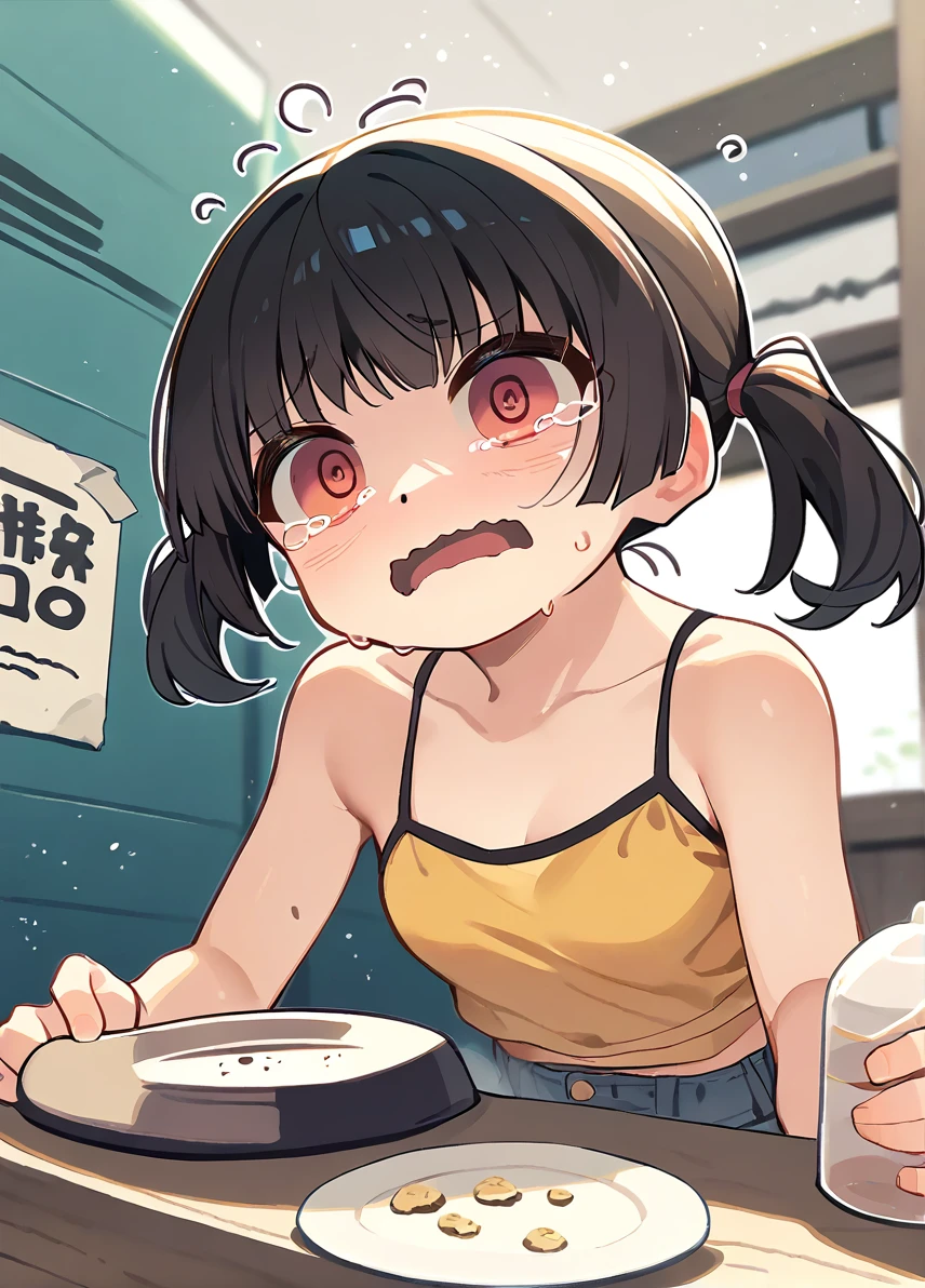 score_9, score_8_up, score_7_up, score_6_up, rating_safe, a girl holding an empty plate, tearing up, o o, wavy eyes, wavy mouth, <lora:kaedeokostyle_and_sasakikanna_pony6_v1-000004:.6>sasaki kanna \(kaedeko\), short twintails, spaghetti strap, yellow crop top, denim shorts <lora:kotoba_kun_style_pony6_v1-000022:0.9>, crumbs,