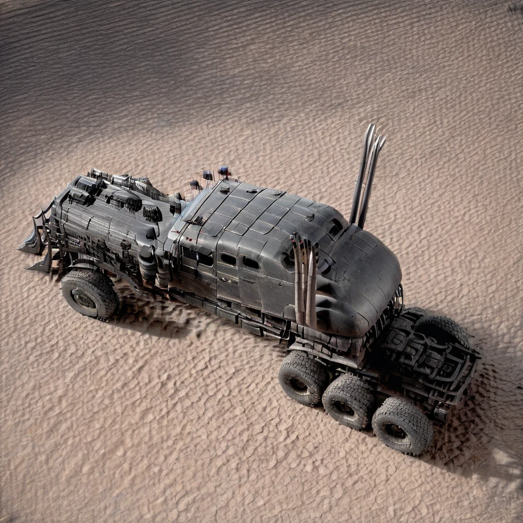 war rig, rat rod truck, exhaust pipes, wheels, motor vehicle, ground vehicle, vehicle focus, driving in desert, daytime, sunlight, 2.5d, top view, high contrast, highly detailed, award-winning photo, realistic, high contrast, volumetric lighting, global illumination, Cinematic, Cinematic Shot, Cinematic Lighting, Syd Mead Style,