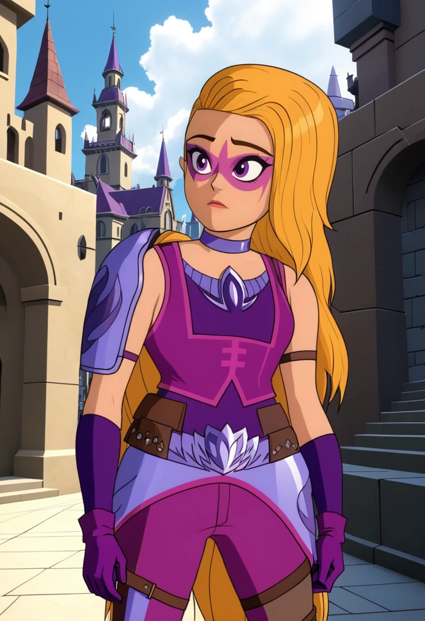 (best quality, masterpiece, absurdres, highres, ultra_detailed, dynamic angle:1.2), emerald \(mysticons\) magic outfit <lora:mysticons_emerald_magic_xl:1>, 1girl, blonde long hair, tattoo around eyes, purple eyes, asymmetrical (brown leather) armored right shoulder pad, choker, purple gloves, purple sleeveless chestplate, light purple belt, purple tight pants, knee pads, brown reinforced boots, solo, futuristic city, cartoon, cartoon style, (intricate details, hyperdetailed:1.15), (ultrahigh resolution textures), bokeh, (volumetric, cinematic) lighting