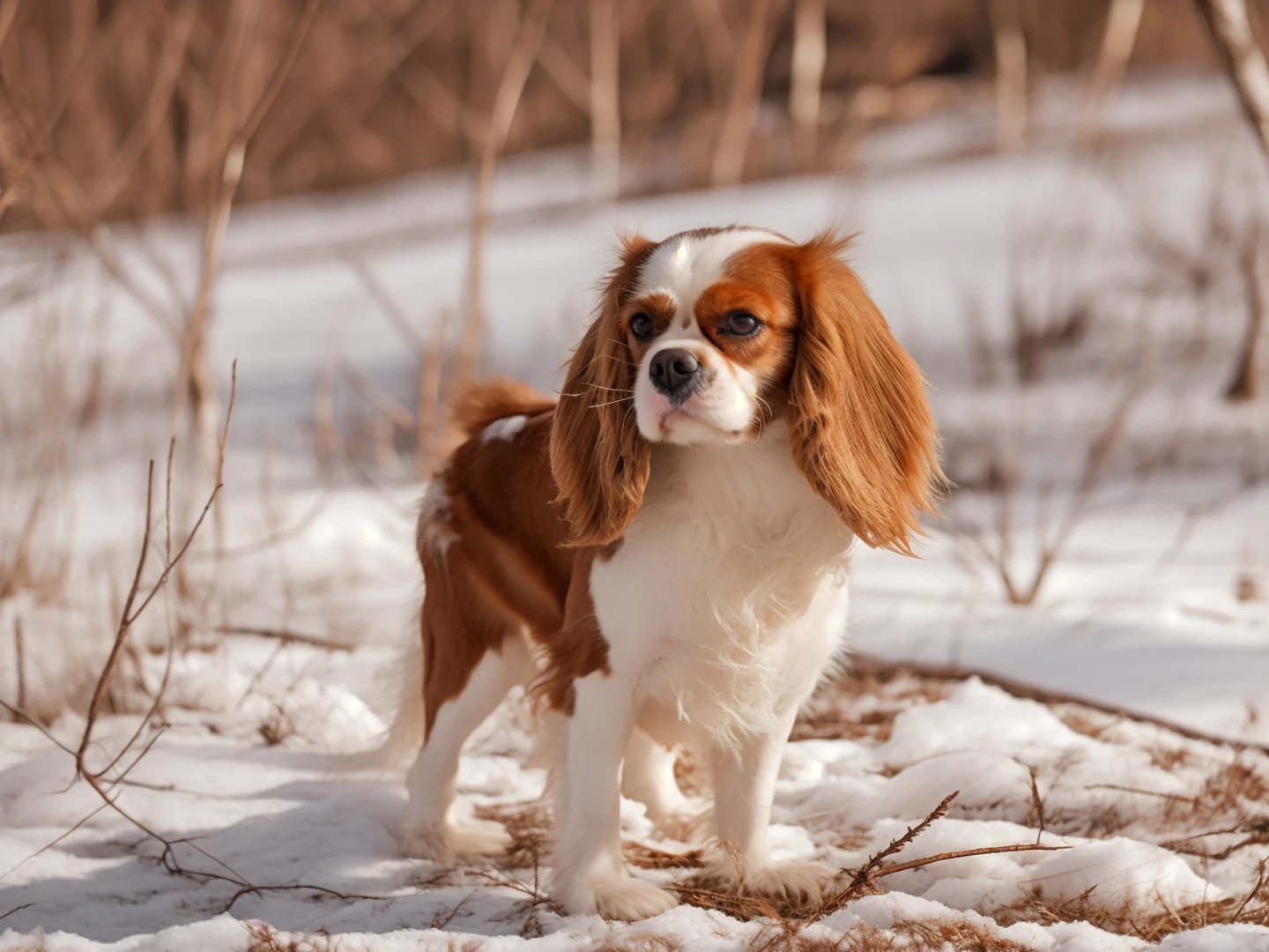 NOBLEDOGS_CKCS <lora:NOBLE_DOGS_CKCS-000015:0.85> <lora:Macro_Trash_SD15:0.125>, cute slim hybrid of (a raccoon:0.85) and brown-white cavalier king charles spaniel dog with a realistic long coat and perfect dark dog eyes is standing on snow covered ground next to trees and a bench in the background and snow covered ground with branches on both sides, long furry ears BREAK a small bird perched on a tree branch covered in snowdrops during the winter time in a forest setting with a blurred background and dark color toneless backdrop for the foreground,depressive vibes,decaying ground,early morning macro photograph,dirty ground,spring vegetables,trash on the ground,yebenya BREAK (epiCPhoto:0.7), raw photography, shallow depth of field, swirly bokeh, professional color grading, high quality, high resolution, 8k, 4k, uhd, HDR, lightroom, octane render, v-ray, subsurface light scattering