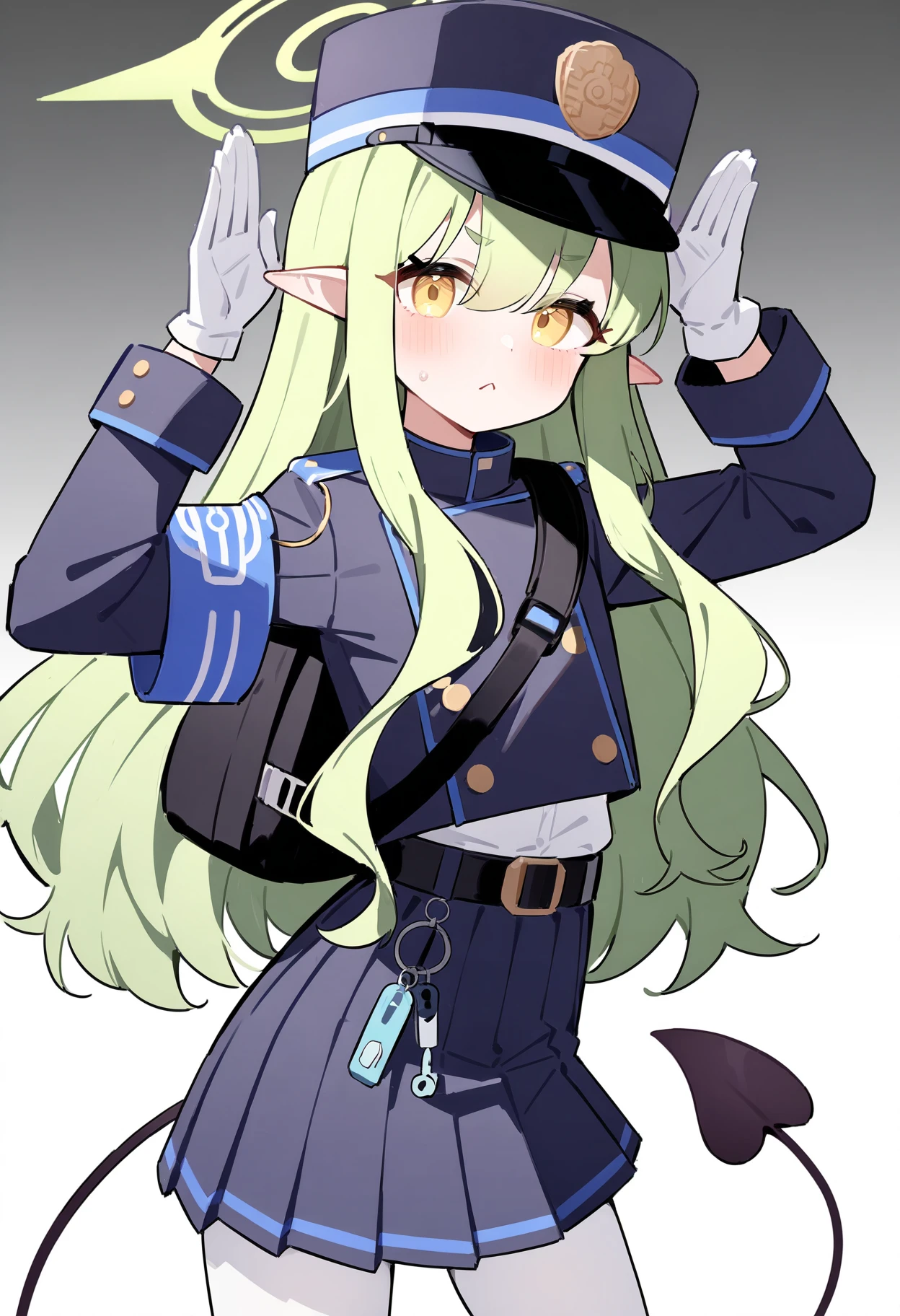 1girl, hikari \(blue archive\), blue archive, peaked cap, green hair, long hair, yellow eyes, pointy ears, white gloves, white pantyhose, demon tail, blue armband, blue uniform, cowboy shot, belt chain, arms up, white background, :(, black backpack, gradient background, masterpiece, best quality, very aesthetic, absurdres