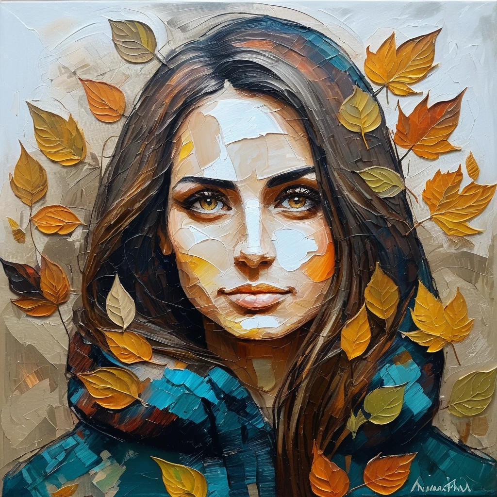 (Abstract) sketch of a woman in the fall season, oil on canvas, anxarmas, <lora:anarmas_juggerX_xl_3_standard-anxarmas-000096:1>