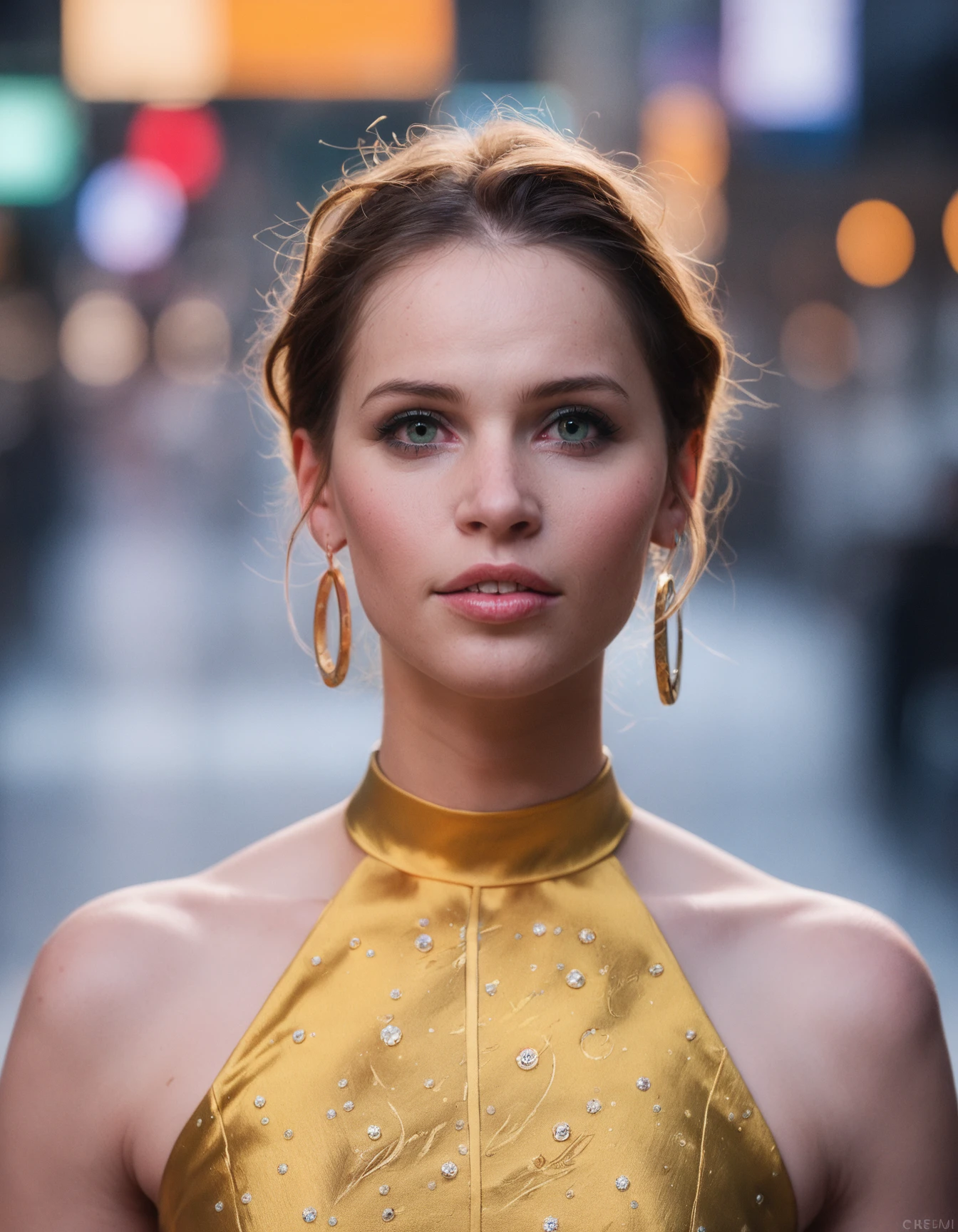 score_9, score_8_up, score_7_up, feli woman, front view, upperbody closeup, walking in the city, wearing refined clothes, looking at the viewer, <lora:Felicity-Jones_token_feli_woman_r64_model_EverClear_v1:1>