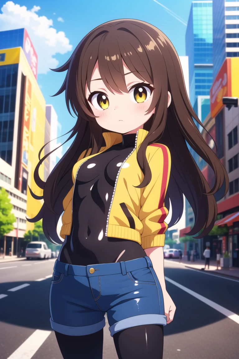 Tools used : a1111, krita || Keywords : girl, young, cute, (oily skin), (shiny body), (slender, lean, thin legs), rubber suit, jeans short pants, brown hair, yellow jacket, modern city