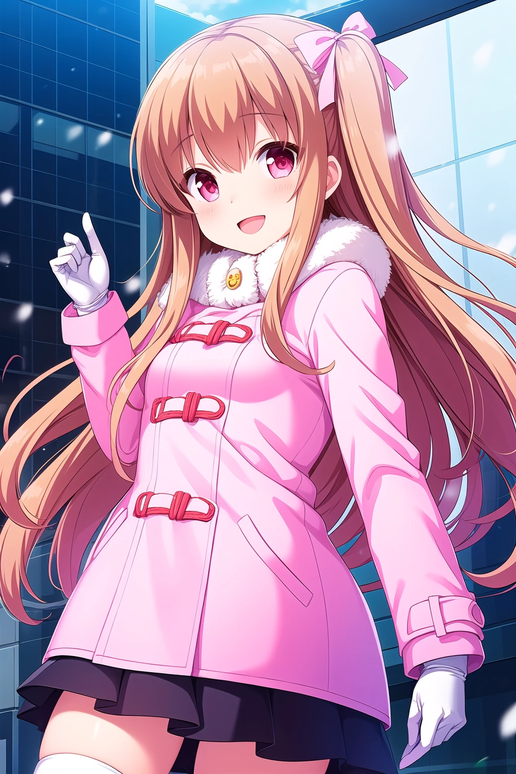 (masterpiece, best quality), highly detailed background, perfect lightingbest quality, asahinamomoko, solo, outdoors, city, winter, light brown hair, hair ribbon, white ribbon, one side up, hair between eyes, very long hair, pink eyes, small breasts, pink coat, fur-trimmed coat, fur trim, long sleeves, white gloves, left hand up, black skirt, miniskirt, white thighhighs, winter clothes, smile, open mouth, :d, pink lips, <lora:Asahina-Momoko:0.7>