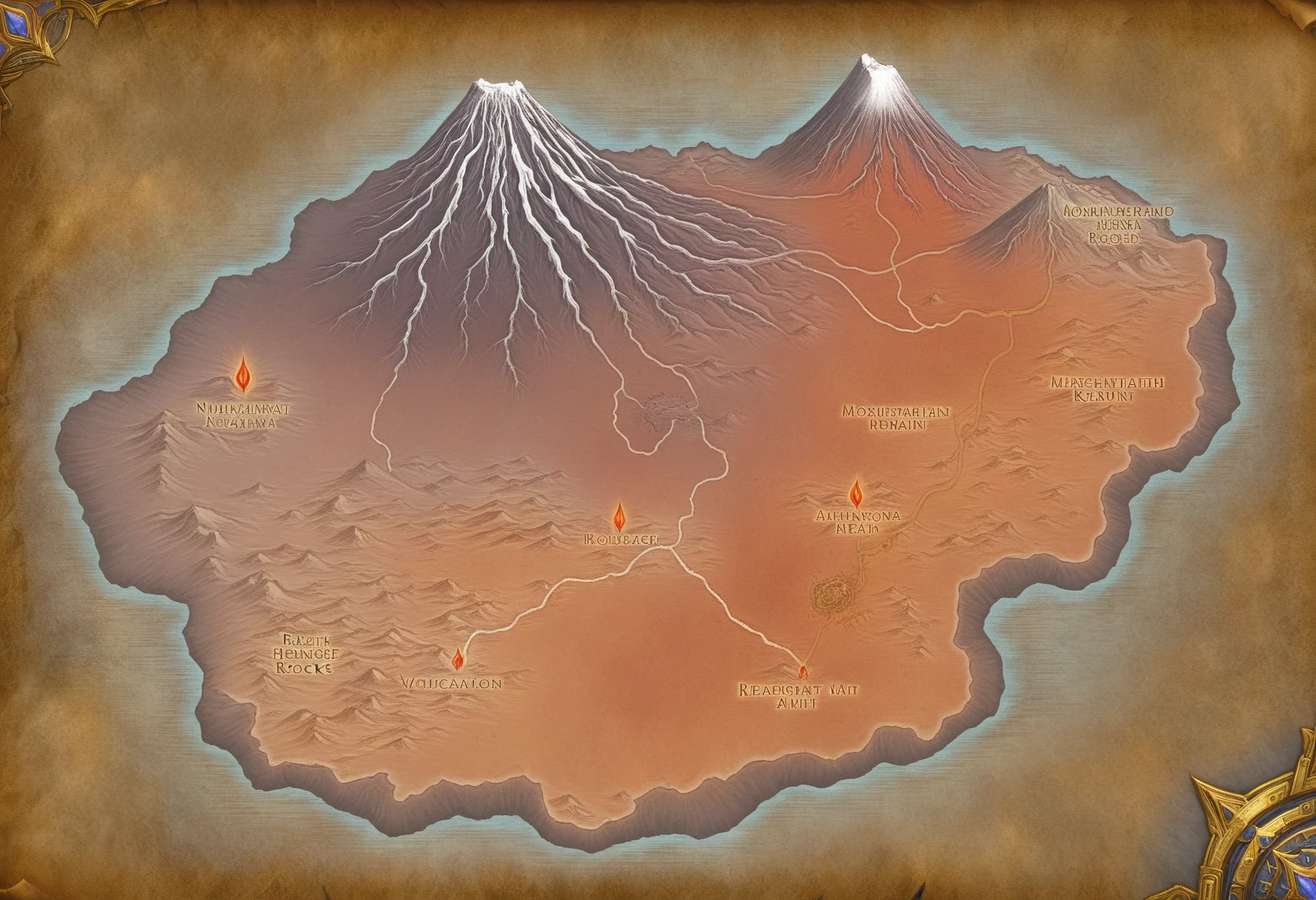 map of red desert, mountains and rocks, path, volcano,<lora:sxz-wowmap-civit-sdxl:0.75>