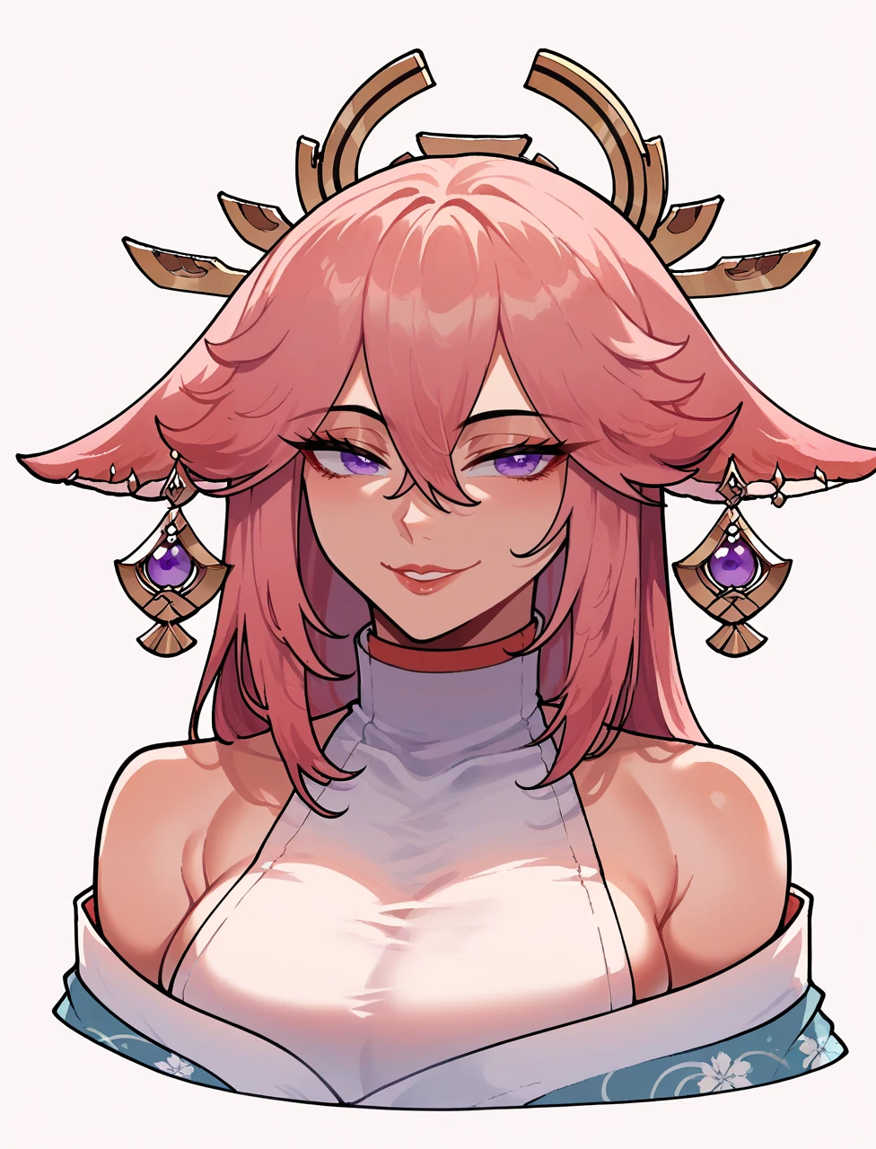 score_9, score_8_up, <lora:NyantchaV2:1>,
1girl, yae miko, pink hair, earrings, animal ears, large breasts, kimono, smile, lips, upper body,