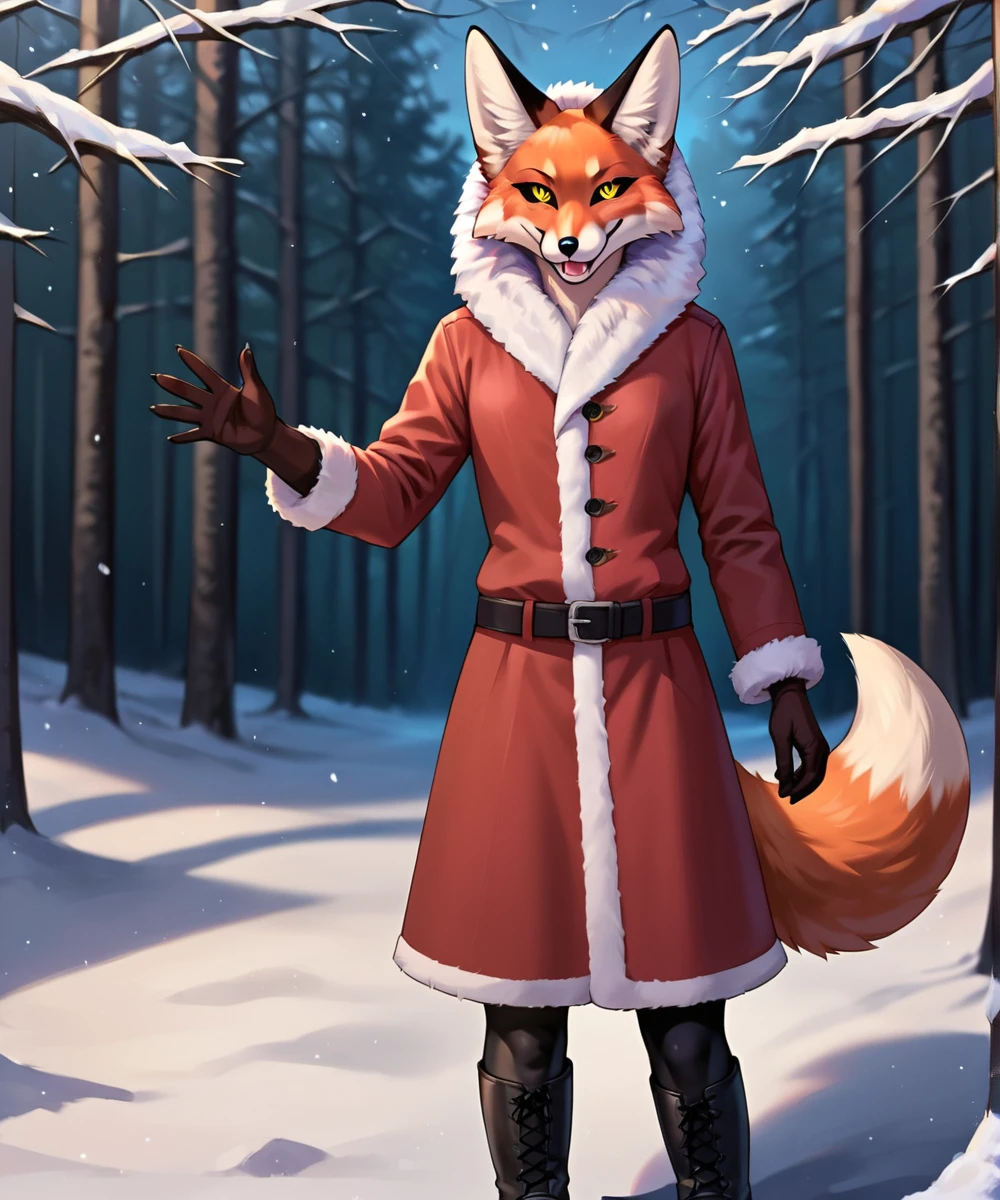 score_9, score_8_up, score_7_up, score_6_up, score_5_up, score_4_up, source_anime, furry, fox, detailed background, snowy forest, lighting, full view
BREAK 1 girl, solo,  cowboy shot, black sclera, orange eyes,  standing, smirk, view from up, looking at viewer, smug, waving,  fox tail
BREAK red jacket, fur trim,fur-trimmed jacket, black pantyhose, boots,belt
 <lora:Alice_SDXL-000009:1>