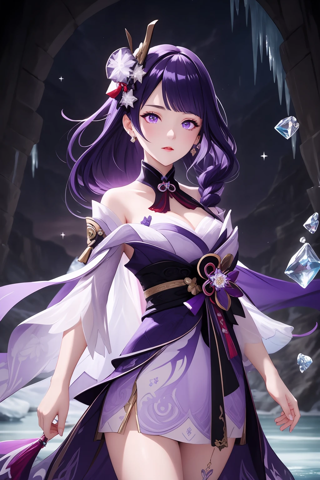 masterpiece,genshin impact,1girl,long hair,braid,purple eyes,bangs,purple hair,wedding_dress,looking at viewer,hair ornament,standing,<lora:lbc_yayi0427:0.7>,beautiful detailed glow, (detailed ice), beautiful detailed water,