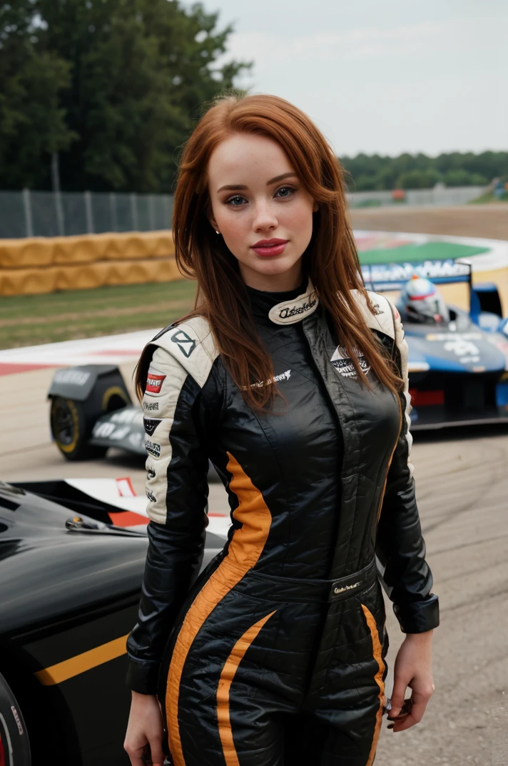 tv_Olya_Abramovich_GMv3, , , wearing a full race-car driver suit, standing next to a race-car, winking expression,, 8k resolution, highres, high detail, sharp focus, detailed skin, 8k uhd, bokeh, analog photography