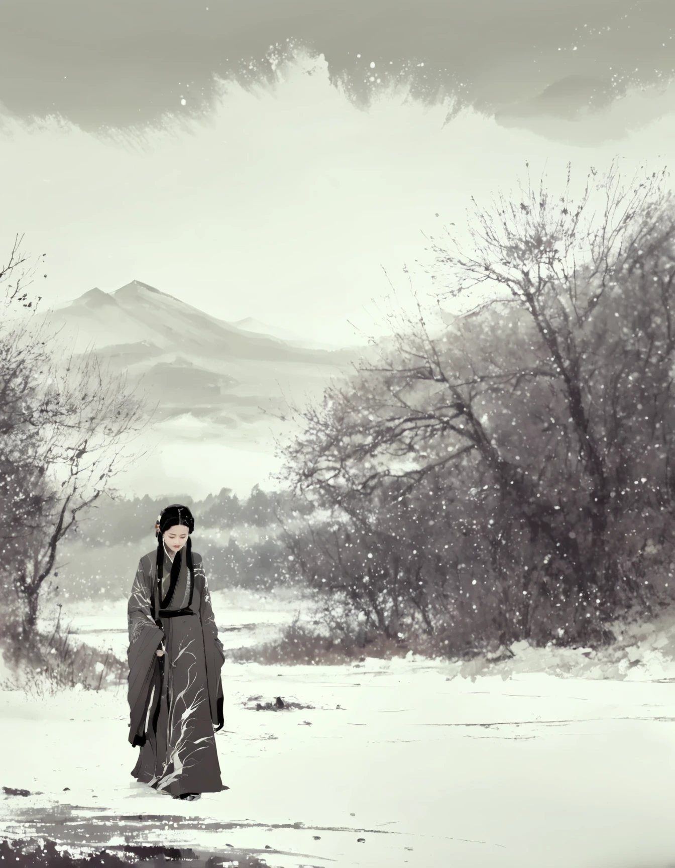 concept art ink wash painting of chilly Beginning of Winter a chinese woman in hanfu . 24 solar terms, winter onset, and nature's dormancy . monochromatic, loose, fluid, expressive, delicate,colorful . digital artwork, illustrative, painterly, matte painting, highly detailed