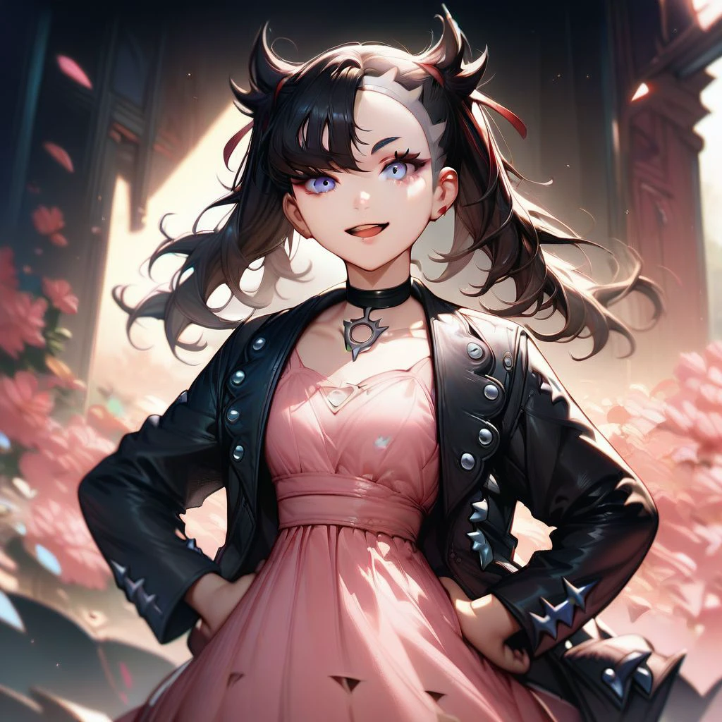 score_9,score_8_up,score_7_up,score_6_up,score_5_up,score_4_up, solo, 1girl, marnie, black jacket, pink dress, choker, twintails, black hair, blue eyes, smile, hands on hips, upper body, open mouth