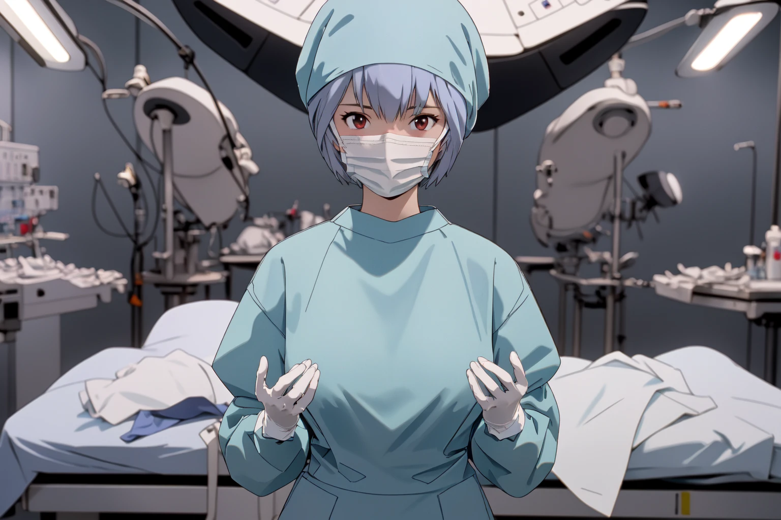 (RAW photo, best quality), 1girl, long sleeve surgical outfit, surgical mask,  surgical gloves, surgical cap,  operating room, overhead surgical light, (solo), blurred background, focused
 <lora:concept_clothing_surgical_outfits_hand_over_chest_v3_1-000002:1>, hand_over_chest,
 <lora:Ayanami:0.75> pikkyayanami