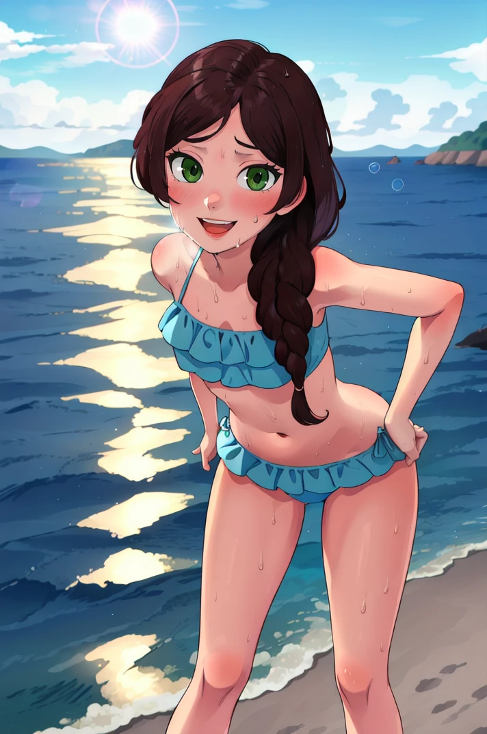 masterpiece, high quality, detailed background, 1girl, solo,
<lora:Heather-v1-04:0.7>, ChopioHeather, long hair, brown hair, braided ponytail, hair over shoulder, green eyes, lips, (looking at viewer:1.3),
beach, ocean, sunny, lens flare, depth of field, blurry, blurry background,
sweat, <lora:Concept_Sweat:0.2>, blue bikini, <lora:Clothing_FrilledBikini:0.8>, frills,  frilled bikini, sexy pose, standing, happy, smile, open mouth, leaning forward,