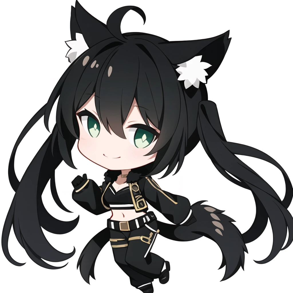 <lora:Ertouqchibi_20240428100010-000017:0.5>,ocus,animal ears,solo,green eyes,black hair,chibi,tail,smile,white background,navel,pants,black pants,black gloves,gloves,multicolored hair,full body,looking at viewer,belt,gradient hair,black footwear,midriff,ahoge,animal ear fluff,hair between eyes,fur trim,closed mouth,bangs,jacket,