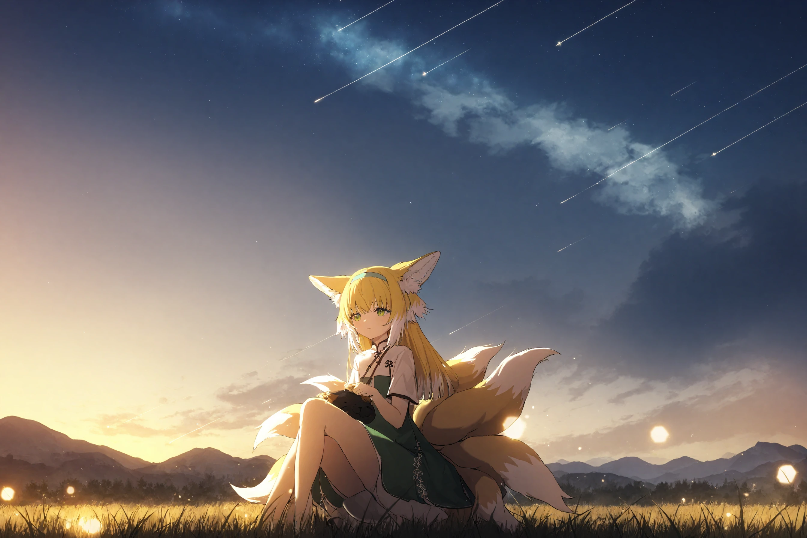 1girl, 
suzuran \(arknights\),  
luoxiaohei, animal ears, blonde hair, fox ears, green eyes, long hair, hairband, tail, fox tail, outdoors, (night:1.1), (meteor shower:1.1), (mountain:0.9), kyuubi, grass, sky, white hair, two-tone hair, cloud, sitting, multiple tails, hair rings, cloudy sky, lantern, animal ear fluff, chinese clothes, alternate costume, night sky, multicolored hair, kitsune, alternate hairstyle, fox girl, hair down, 
masterpiece, best quality,  safe
 <lora:yy_xl_v1:1> <lora:suzuran_luoxiaohei_xl_v1-000008:0.8>