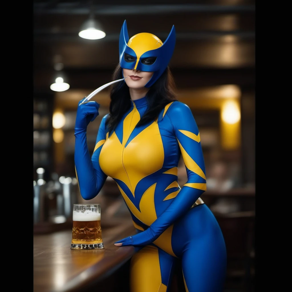 cinematic photo a woman with a mask and a blue and yellow bodysuit and claws having a beer in a pub <lora:X-23-1024:0.8> . 35mm photograph, film, bokeh, professional, 4k, highly detailed