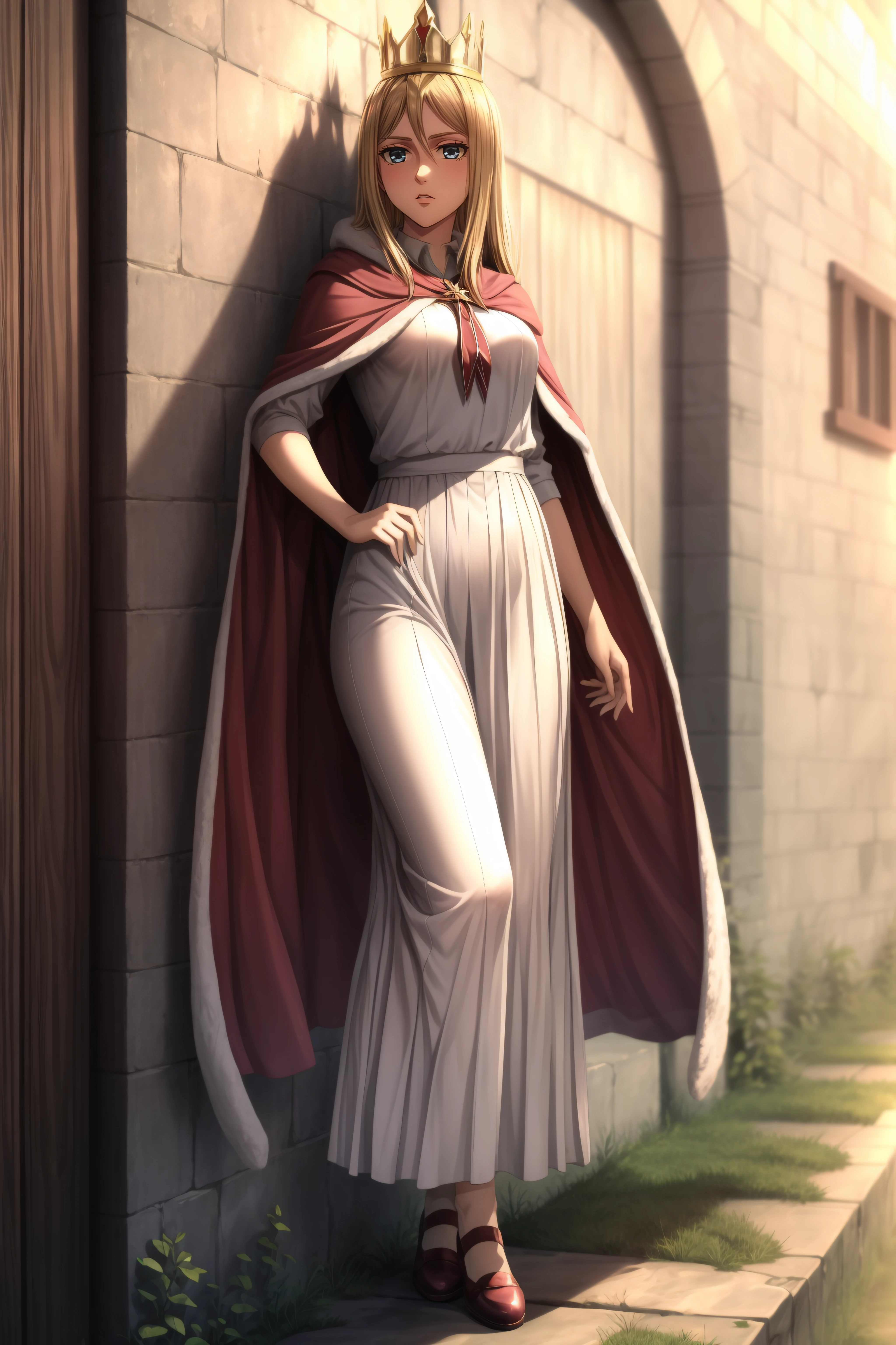 (masterpiece, best quality), <lora:historia reiss-lora-Faxtron:0.8> historia reiss, long hair, medium breasts, white dress, red cape, fur trim, crown, shoes,
<lora:add_detail:0.8>