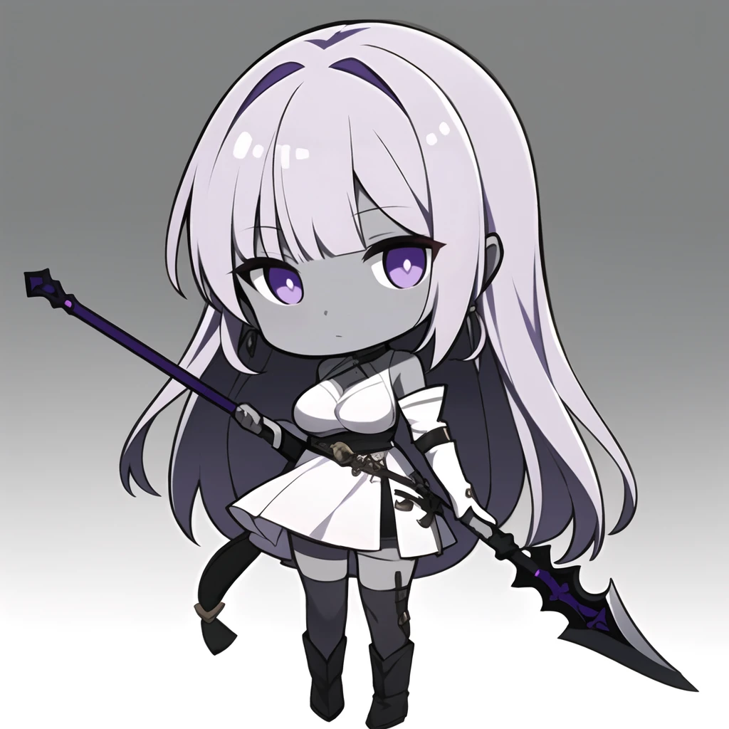 <lora:Ertouqchibi_20240428100010-000017:0.5>,Ertouqchibi,1girl,solo,grey eyes,long hair,holding,grey skin,very long hair,breasts,white background,chibi,full body,purple hair,bangs,weapon,standing,colored skin,holding weapon,looking at viewer,dress,thighhighs,axe,holding axe,hair ornament,polearm,closed mouth,holding polearm,medium breasts,white dress,boots,jewelry,pelvic curtain,earrings,