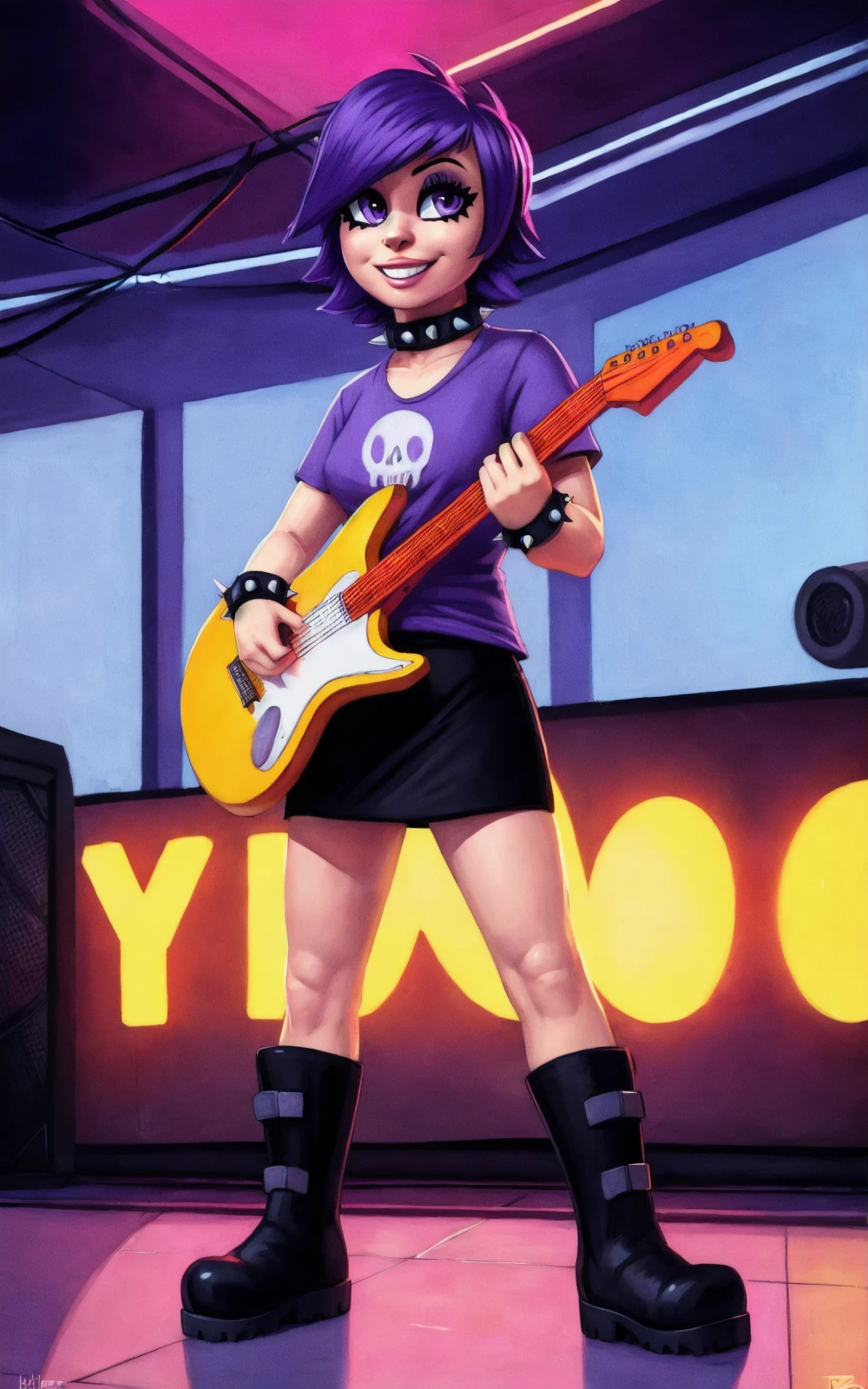 8k,4k,((Best quality, masterpiece, ultra high resolution)),((full body)), by pixelsketcher, <lora:YumiYoshimura:0.8>,YumiYoshimura,purple hair, short hair, makeup, purple eyes, collar, spikes collar, shirt, (black skirt,layered clothing), shorts, purple shorts, shirt, purple shirt, skull, spiked bracelet,boots, black boots, (human),bracelets,smile,holding red guitar,concert, neon lights,smile,solo