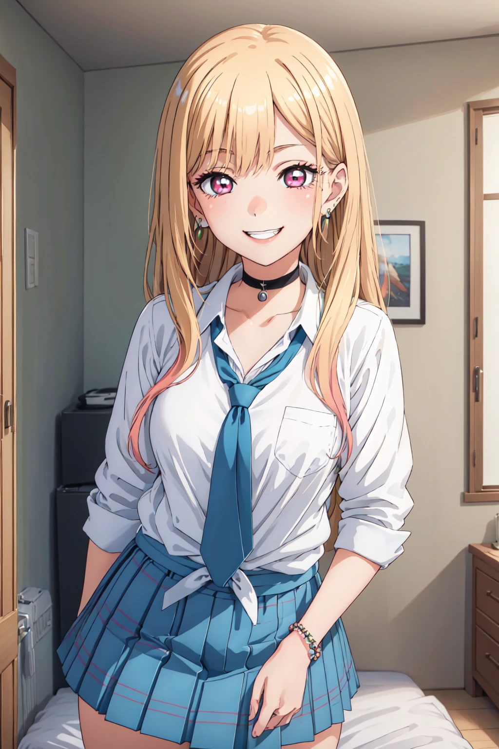 score_9, score_8_up, score_7_up, source_anime,
KitagawaMarin,
1girl, smile,
multicolored hair, long hair, magenta eyes, ear piercing, earrings, pink nails, makeup,
MarinSchool, bead bracelet, black choker, neck bell, ring, standing, looking at viewer, ((undress shirt)), laced bra, white shirt, lightblue skirt, undressing bra, ((lifting skirt)), panties,
indoors, bedroom, blurry background