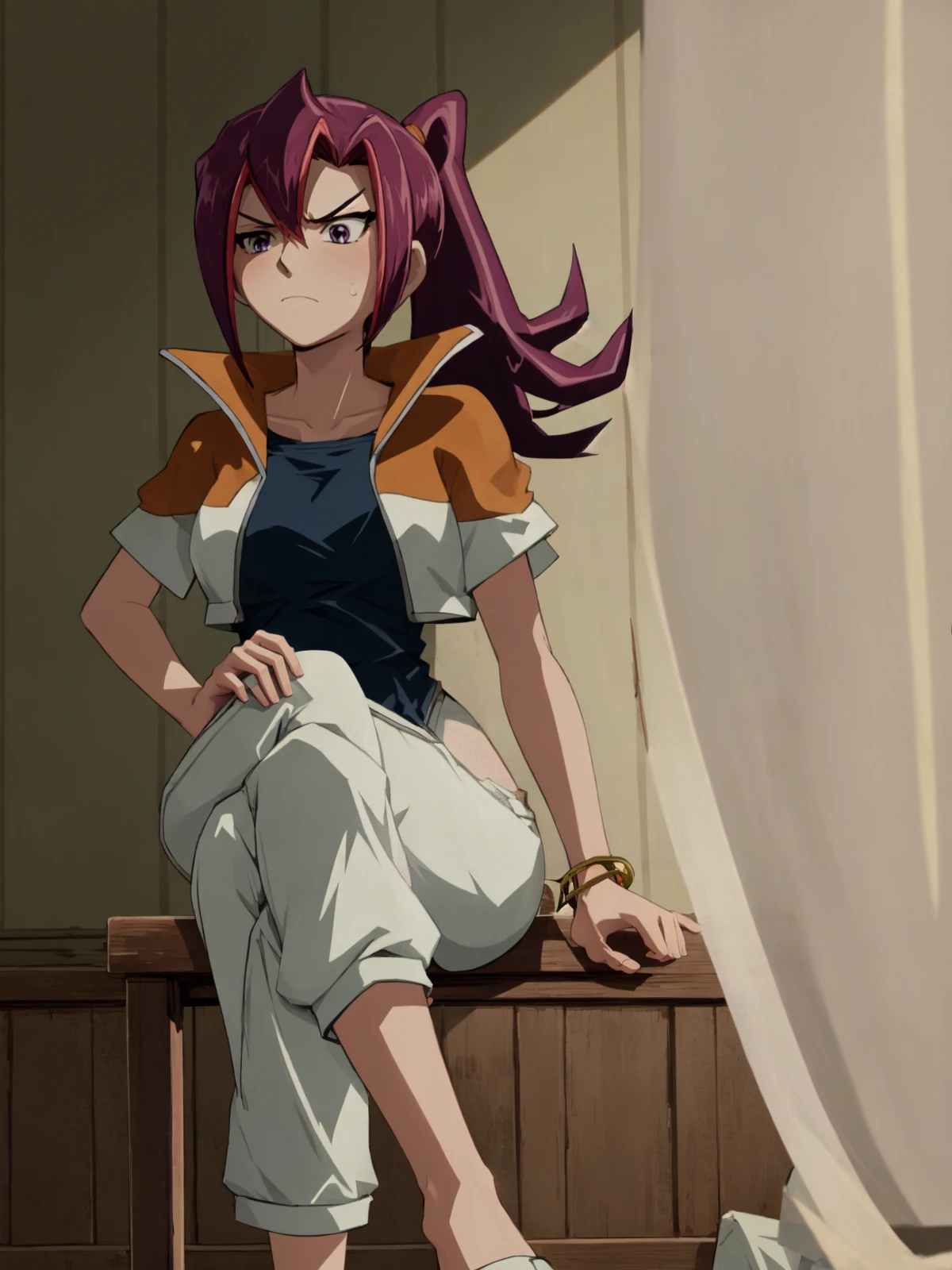 SLE, mksks style, detailed background absurdres, highres, solo, 1girl, <lora:Akari Tsukumo (Yu-Gi-Oh ZEXAL):1>, akari_tsukumo, akari_tracksuit, pants, sitting, crossed legs, annoyed, looking away, house, room, indoors, chair, sunlight