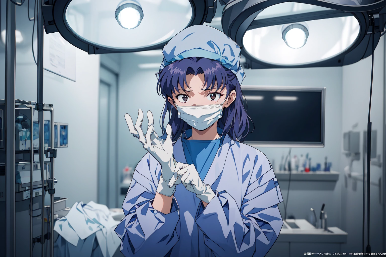 (RAW photo, best quality), 1girl, long sleeve surgical outfit, surgical mask,  surgical gloves, surgical cap,  operating room, overhead surgical light, blurred background, focused
 <lora:concept_surgery_gloving_v2_1:1>, putting_on_surgical_gloves,
 <lora:eva_katsuragi_misato_v1_2:0.9> katsuragi misato