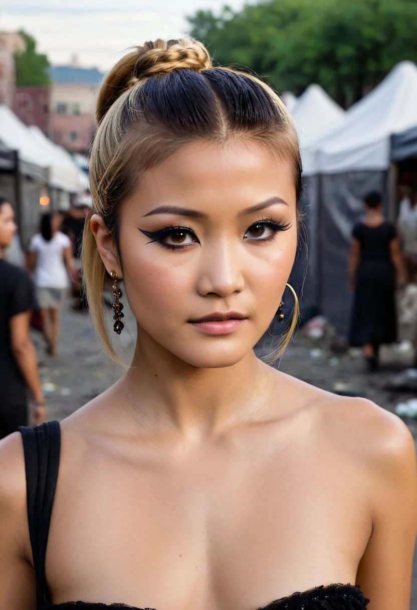 Kelly Hu, Petite, asian, darkskin,blonde hair,  18 year old Chinese woman, flat chested, earrings, eye liner, tattoos, double bun, 4k, very detailed, 80sgirlpearl, Scarlett, eyeliner, ((blonde hair)),  BREAK,  solo, goth girl, 18 year old,, (flat chest:1.3), cinematic film still 1woman facing viewer walking a busy homeless tent city sidewalk on a hot summer day, , garbage and broken glass on the ground, shallow depth of field, vignette, highly detailed, high budget, bokeh, cinemascope, moody, epic, gorgeous, film grain, grainy, debris-filled , masterpiece, best quality, Night Market, conysv3-1400