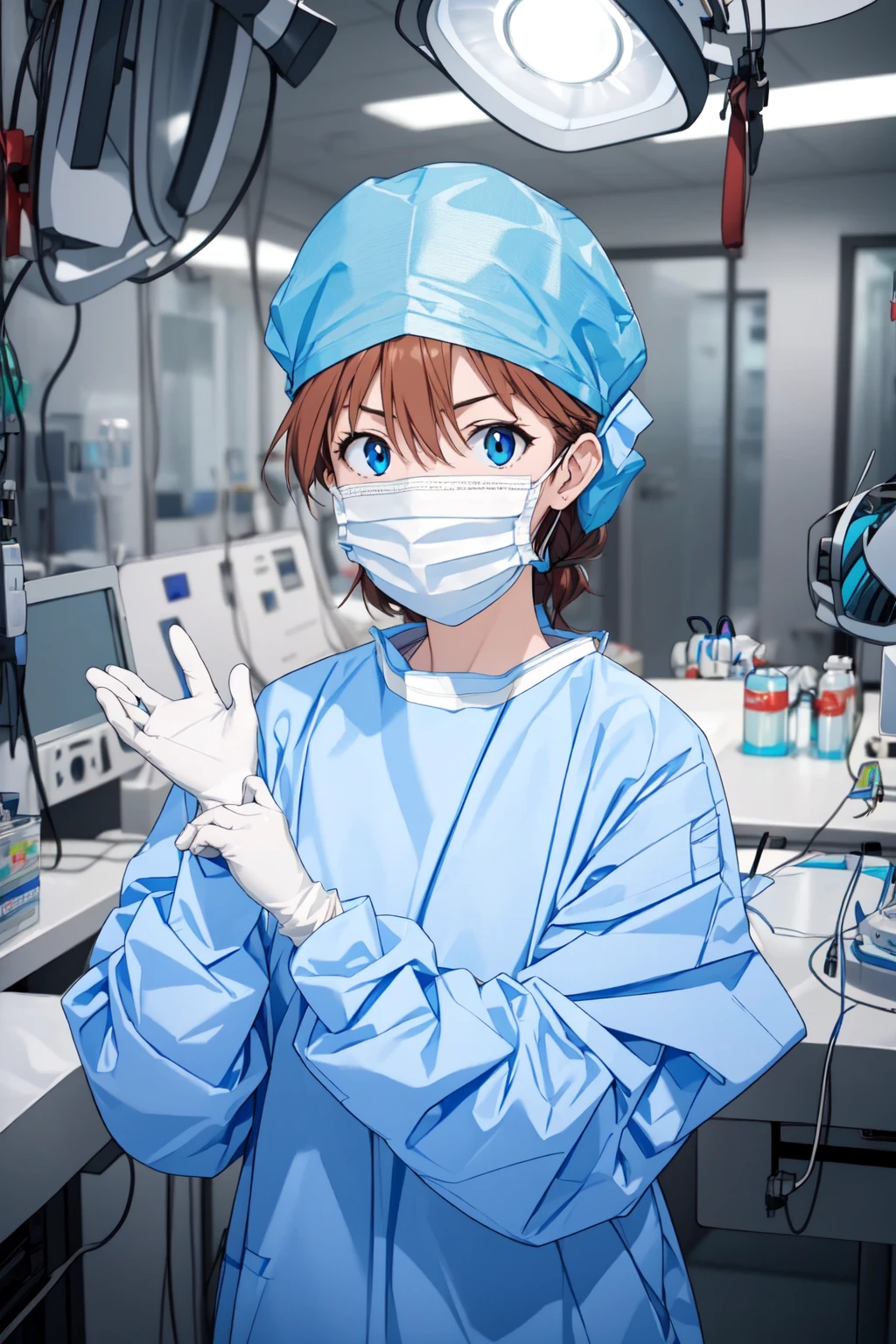 (RAW photo, best quality), 1girl, long sleeve surgical outfit, surgical mask,  surgical gloves, surgical cap,  operating room, overhead surgical light, dslr, blurred background, focused
 <lora:concept_surgery_gloving_v2_1-000005:1>, putting_on_surgical_gloves,
 <lora:asuka_v1_2:0.9> ppasuka