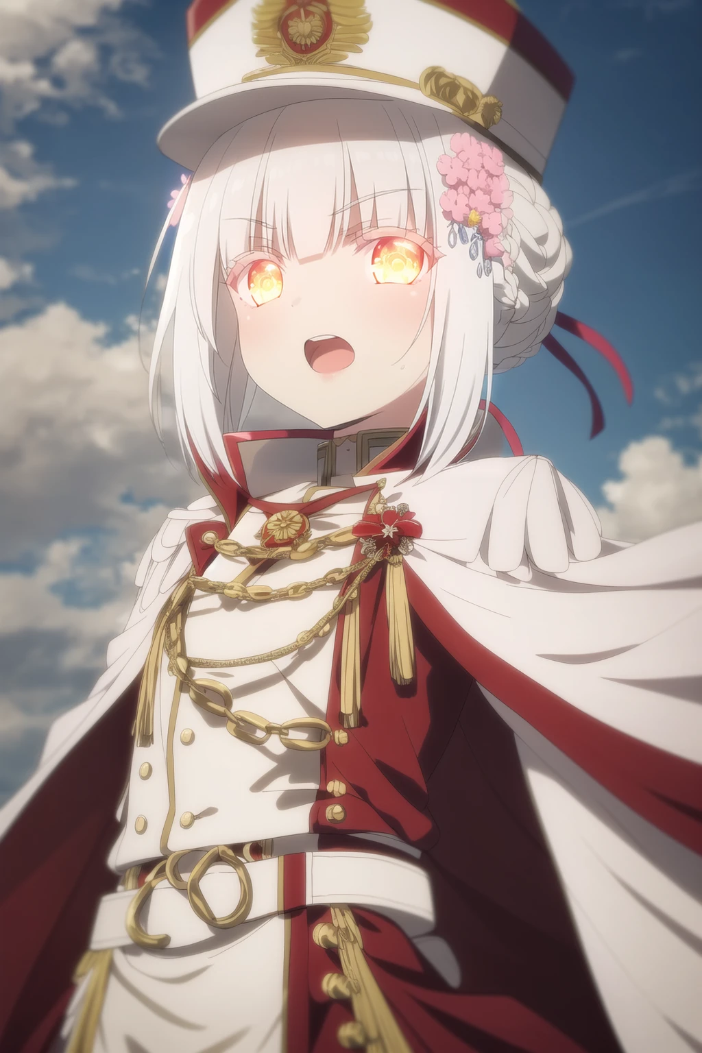 masterpiece, best quality, 1girl, solo, looking at viewer, short hair, open mouth, bangs, hair ornament, long sleeves, hat, bow, jacket, yellow eyes, upper body, braid, flower, white hair, outdoors, sky, belt, cloud, virtual youtuber, hair flower, hair bun, cape, uniform, v-shaped eyebrows, sash, military, military uniform, buttons, glowing, chain, white headwear, single hair bun, white jacket, cloudy sky, peaked cap, glowing eyes, pink flower, epaulettes, military hat, red cape, white cape, aiguillette