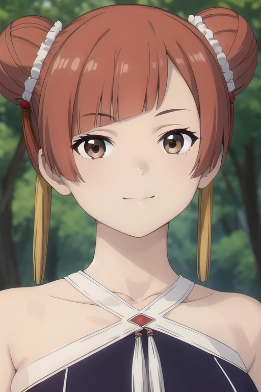 ((masterpiece)),(best quality),official art,extremely delicate and beautiful,extremely detailed CG,unity 8k wallpaper,ultra detailed,beautiful detailed eyes,extremely detailed face,outdoors,1girl,solo,upper body,(portrait:1.5),looking at viewer,facing viewer,smile,short hair,red hair,double bun,hair ornament,tassel hair ornament,yellow tassel,blunt bangs,brown eyes,collarbone,bare shoulders,halterneck,chinese clothes,purple dress,detached sleeves,medium breasts,purple boots,<lora:Laufen(snf)>,