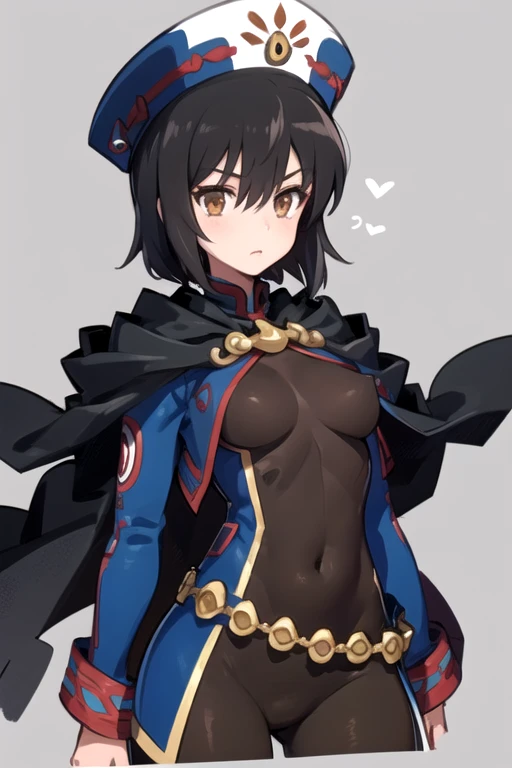 upper body, hornet, 1girl, solo, mask, closed eyes, simple background, (black skin:1.2), red capelet, turtleneck, hands on hips