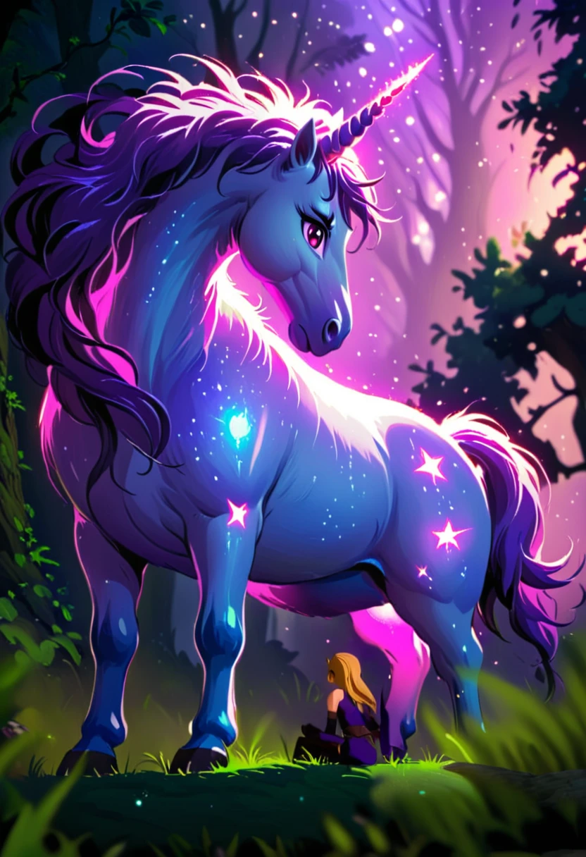 (best quality, masterpiece, absurdres, highres, ultra_detailed, dynamic angle:1.2), animal guardian, ethereal glowing pink unicorn, purple eyes, forest glade, grass, purple sky, stars, mystical atmosphere, cartoon, cartoon style, (intricate details, hyperdetailed:1.15), (ultrahigh resolution textures), bokeh, purple lighting, <lora:guardian-animal-xl:0.8>
AND emerald \(mysticons\) magic outfit <lora:mysticons_emerald_magic_xl:1>, 1girl, blonde long hair, asymmetrical (brown leather) armored right shoulder pad, choker, purple gloves, purple sleeveless chestplate, light purple belt, purple tight pants, knee pads, brown reinforced boots, sit, lotus pose, from behind