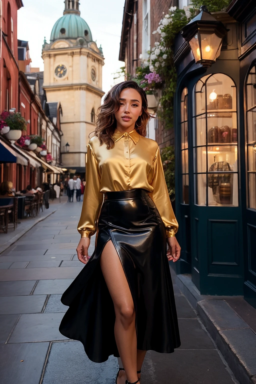 anacheri, a woman wearing silk blouse and midi skirt, london, Cobblestone streets and charming storefronts in the eclectic and vibrant Covent Garden area, (neon lighting:0.5)  <lora:anacheri:1>