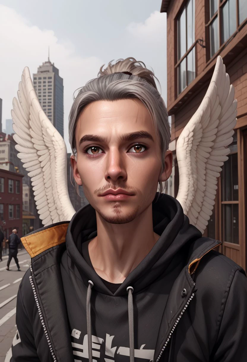 Roiadan Vanzey, solo, looking at viewer, 1boy, brown eyes, jacket, upper body, ponytail, grey hair, male focus, outdoors, shirtless, wings, feathered wings, facial hair, building, city, realistic, stubble, drawstring, PonyXLV6_Scores zPDXL