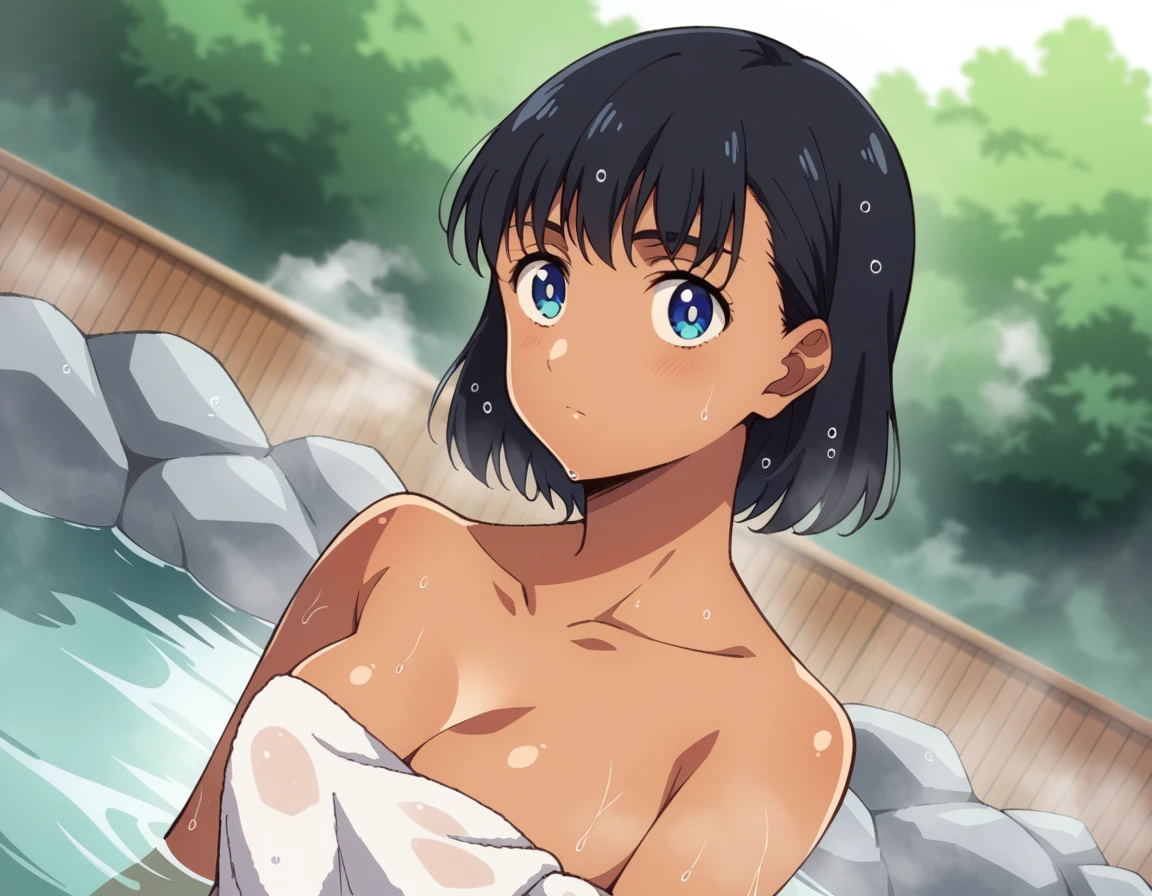 1.woman naked mischievous smile front focus on face small breasts short hair nipples naked black hair standing naked sitting hot spring provocative