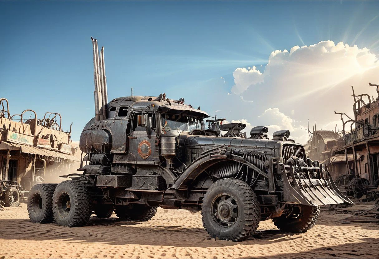 Retro Futuristic Image of a war rig rat rod truck with long exhaust pipes and a cowcatcher plough at the front driving through an ruined desert town, vehicle focus, daytime, sunlight, high contrast, highly detailed, 2.5d, award-winning photo, realistic, high contrast, volumetric lighting, global illumination, Cinematic, Cinematic Shot, Cinematic Lighting, epiCPhoto,