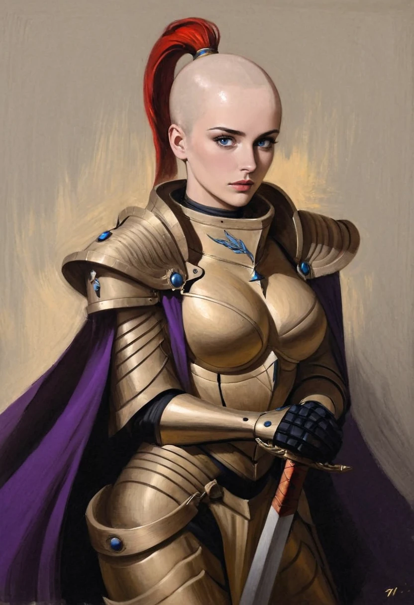 (Painting), painterly \(style\), Sister of Silence in ornate golden power armor, purple cape, bald with red ponytail hair, blue eyes, standing, she's resting her hands on the pommel of a sword in front of her, neutral expression, minimalistic background,
strong contrast between light and dark, chiaroscuro, oil on canvas, brushstrokes, expressive, portrait, still life, extremely detailed, 
 <lora:Sisters-of-Silence-000008:1>